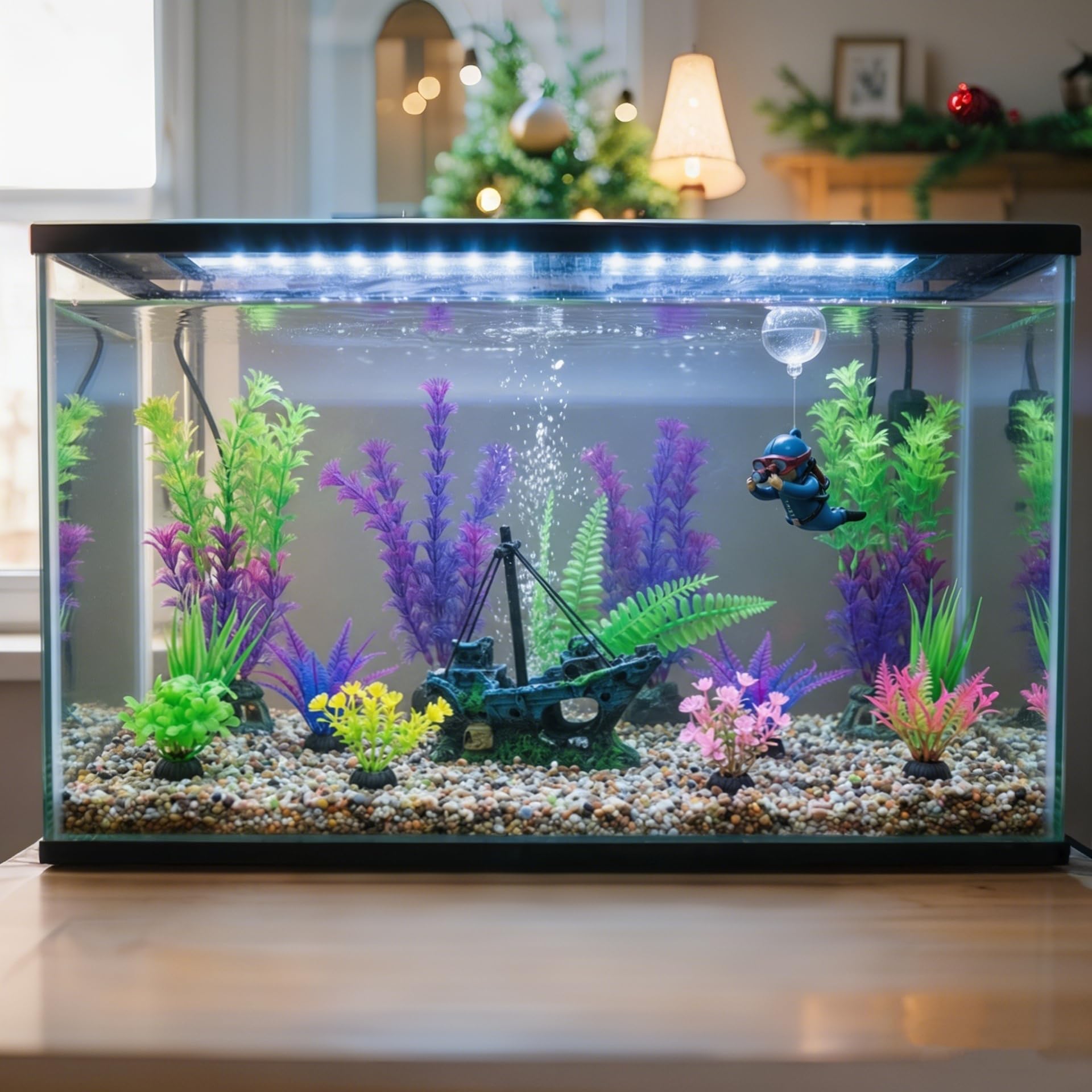 Ameliade Aquarium-Deko-Set mit Schiffswrack-Dekoration, kleiner Taucher schwimmend & 13 Wasser-Kunstpflanzen – Betta-Pflanzen & Verstecke für Aquarien und kleines Aquarium-Zubehör