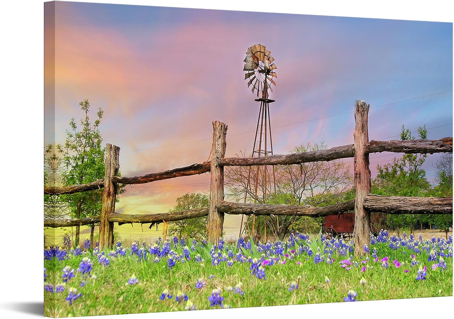 Conipit Texas Landscape Wall Art Rustic Windmill Artwork Wildflowers Bluebonnets Canvas Texa Countryside Picture Western Farmland Art Prints for Home Wall Decor Framed 24''x36''
