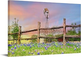 Conipit Texas Landscape Wall Art Rustic Windmill Artwork Wildflowers Bluebonnets Canvas Texa Countryside Picture Western Farmland Art Prints for Home Wall Decor Framed 24''x36''
