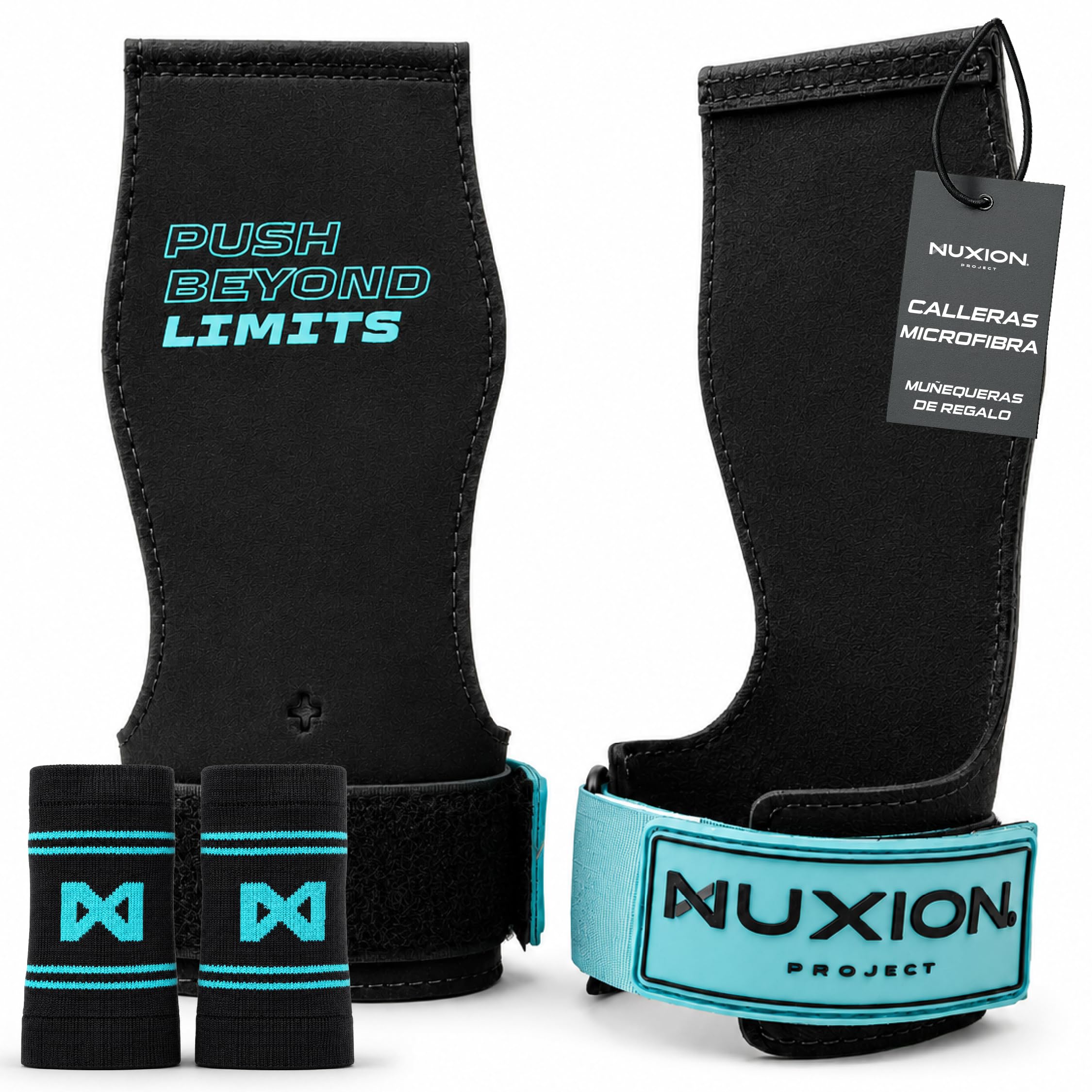 NUXION | Guanti per Crossfit in microfibra | con e senza magnesio | Impugnatura su barre, anelli e kettlebell | Set con polsiere in regalo | Taglie G e G+ | Polsiere in tessuto in regalo