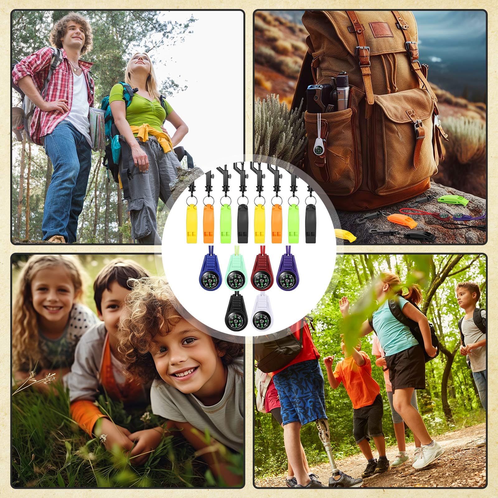 Relaxweex Juego de 24 piezas de brújula y silbato para niños, 12 mini brújula de bolsillo para senderismo, paracaídas, 12 silbatos pequeños, llavero con cordón para senderismo, supervivencia