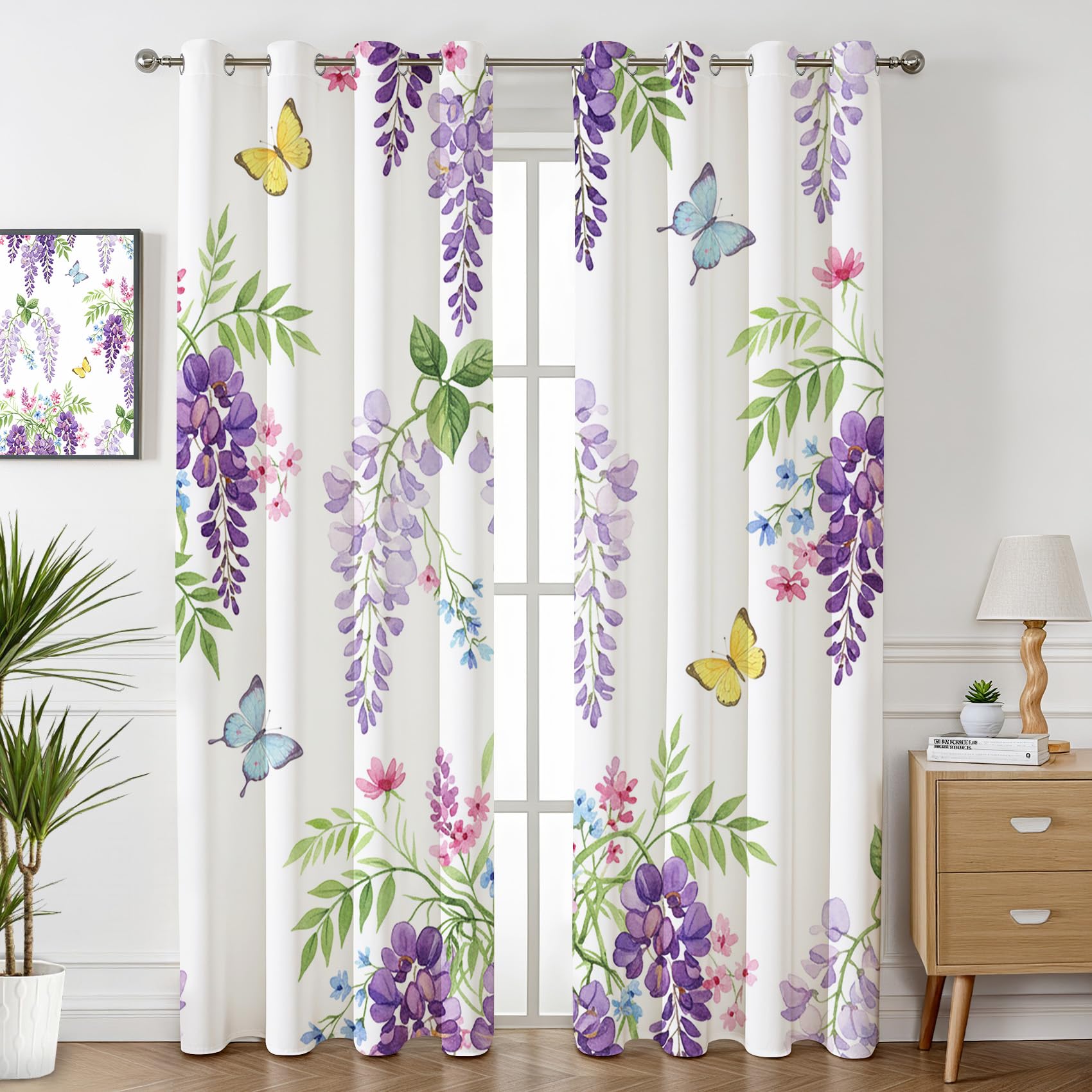 Havenix Wisteria Floral White and Purple Blackout Curtains for Bedroom Living Room, Watercolour Butterfly Patterned Curtains 66x90, Thermal Insulated Eyelet Drapes for Windows, 2 Panels