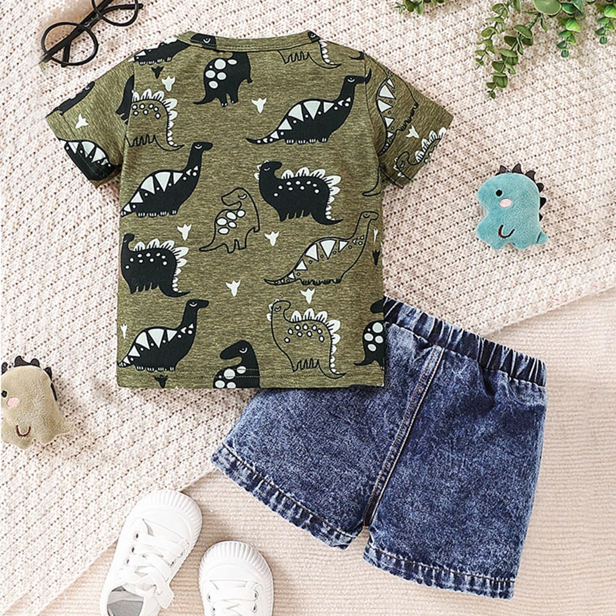 JENJON Ropa de Pequeños Bebé Niño Manga Corta Estampado Bonito Top+ Pantalones Cortos Vaqueros Rotos 2Pcs Conjunto Informal de Primavera y Verano - 4