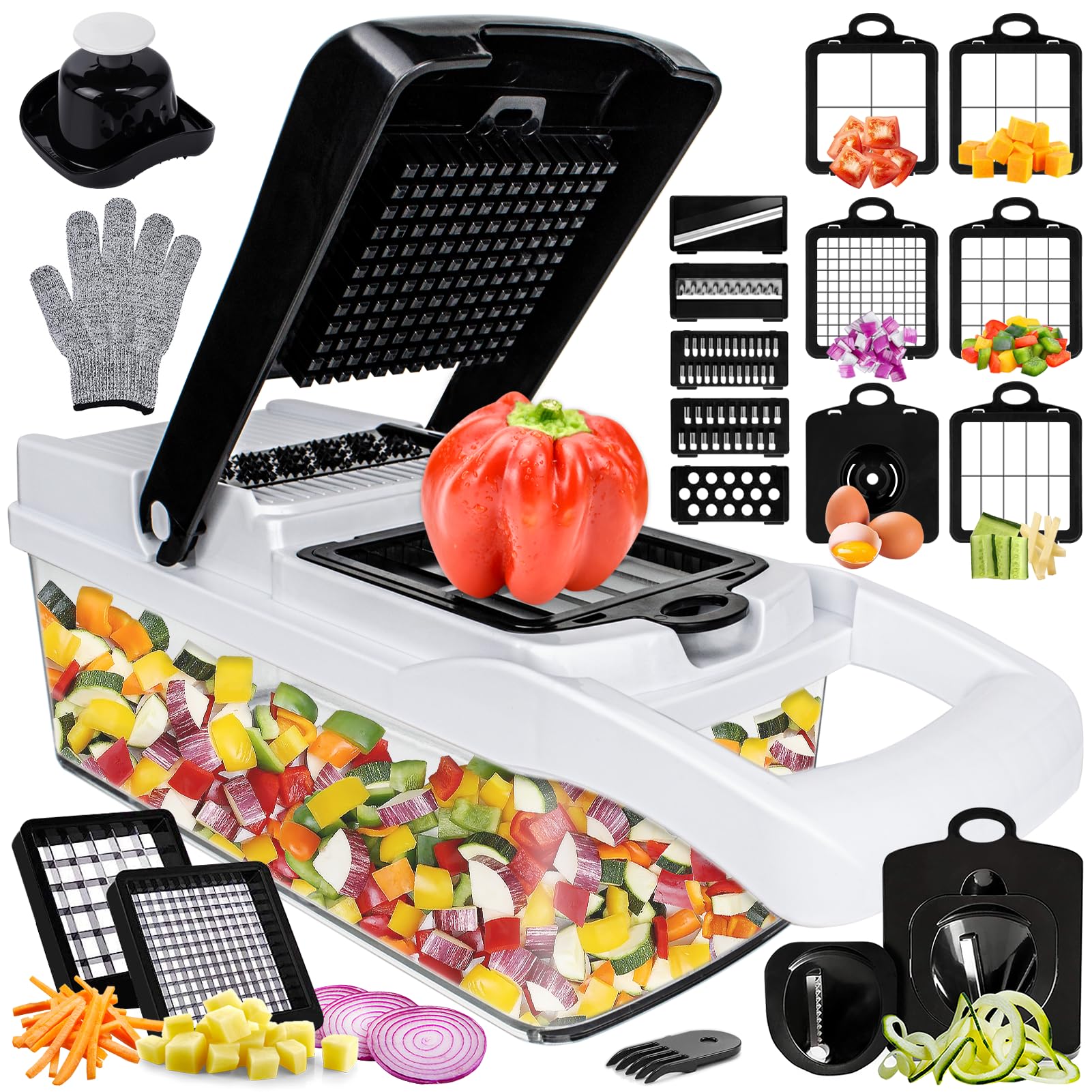 Vegetable Chopper 25 in 1 Multifunction Onion Chopper Dicer, Spiralizer for Veggie Cutter, Mandoline Slicer, Food Chopper with Container, 13 Blades