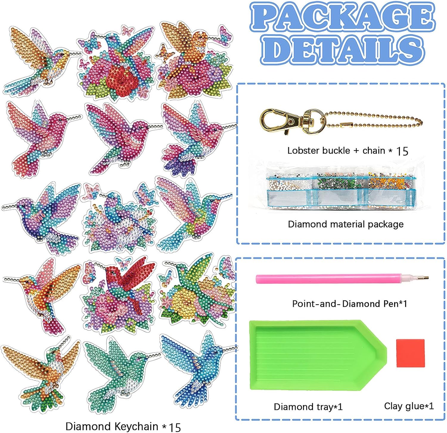 C'eitura 15 Pcs Double-Sided 5D Diamond Painting Keychain Kits for Adults & Beginners, DIY Flower Bird Gem Art Key Rings with Complete Tools, Perfect Craft Gifts & Bag Pendants