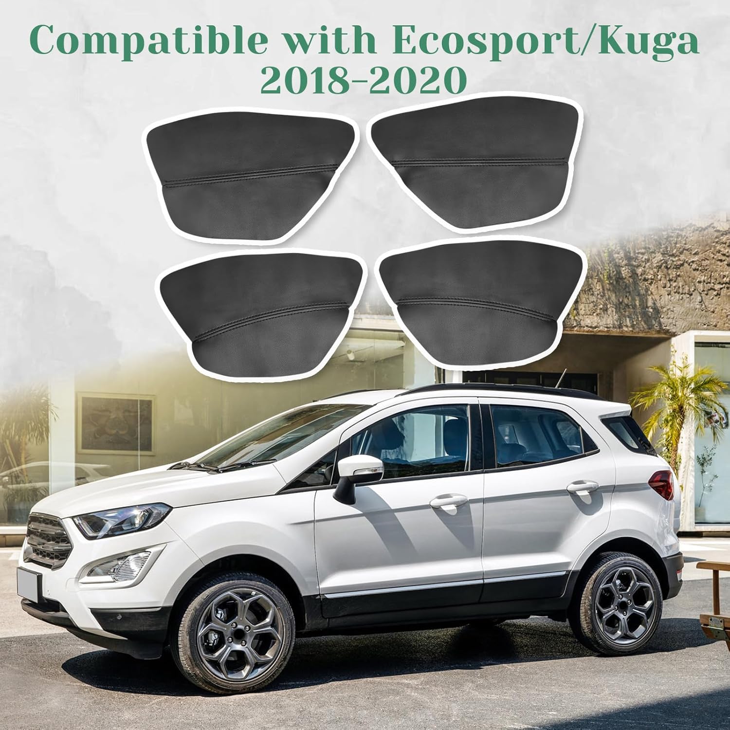 4PCS Door Panel Armrest Cover Replacement Compatible with Ford Escape/Ecosport 2018-2020 Front and Back Vinyl Leather Insert Cards Protector Trim Black (Only Leather Part)