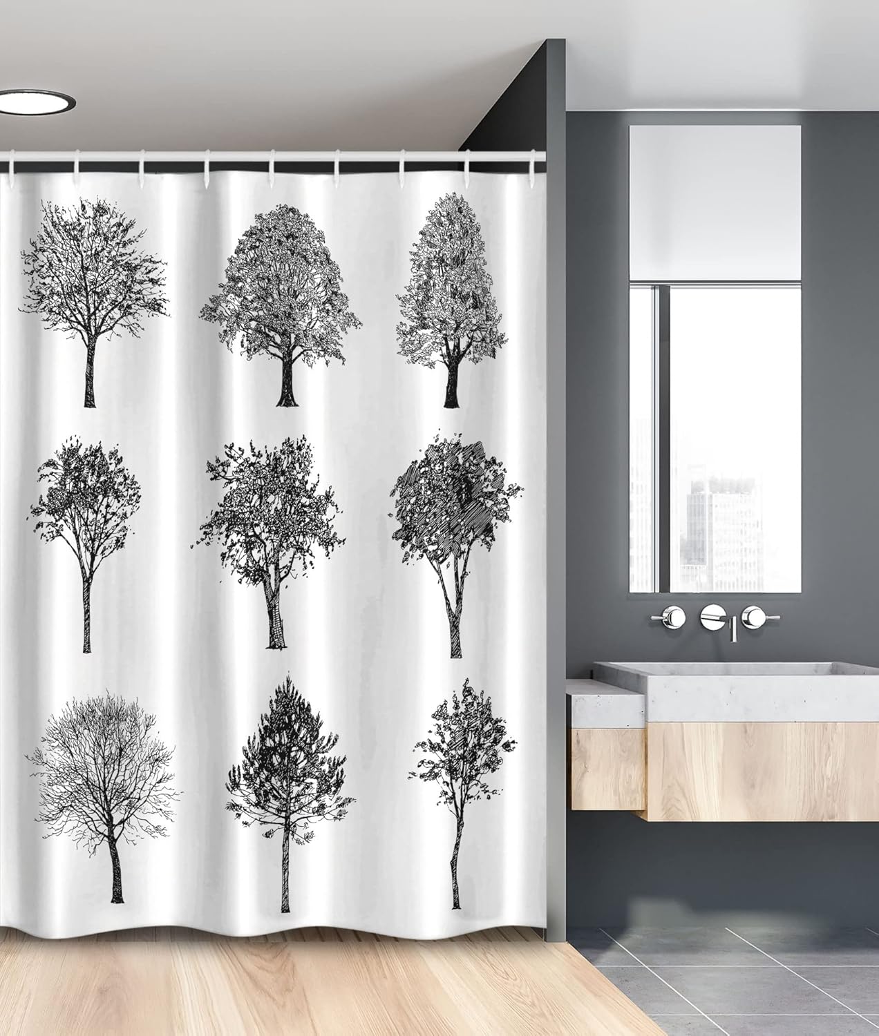 Ambesonne Sketchy Stall Shower Curtain, Various Type of Tree Sketches with Minimalist Effect Mother Earth Artwork, Fabric Bathroom Decor Set with Hooks, 54" W x 78" L, Black White