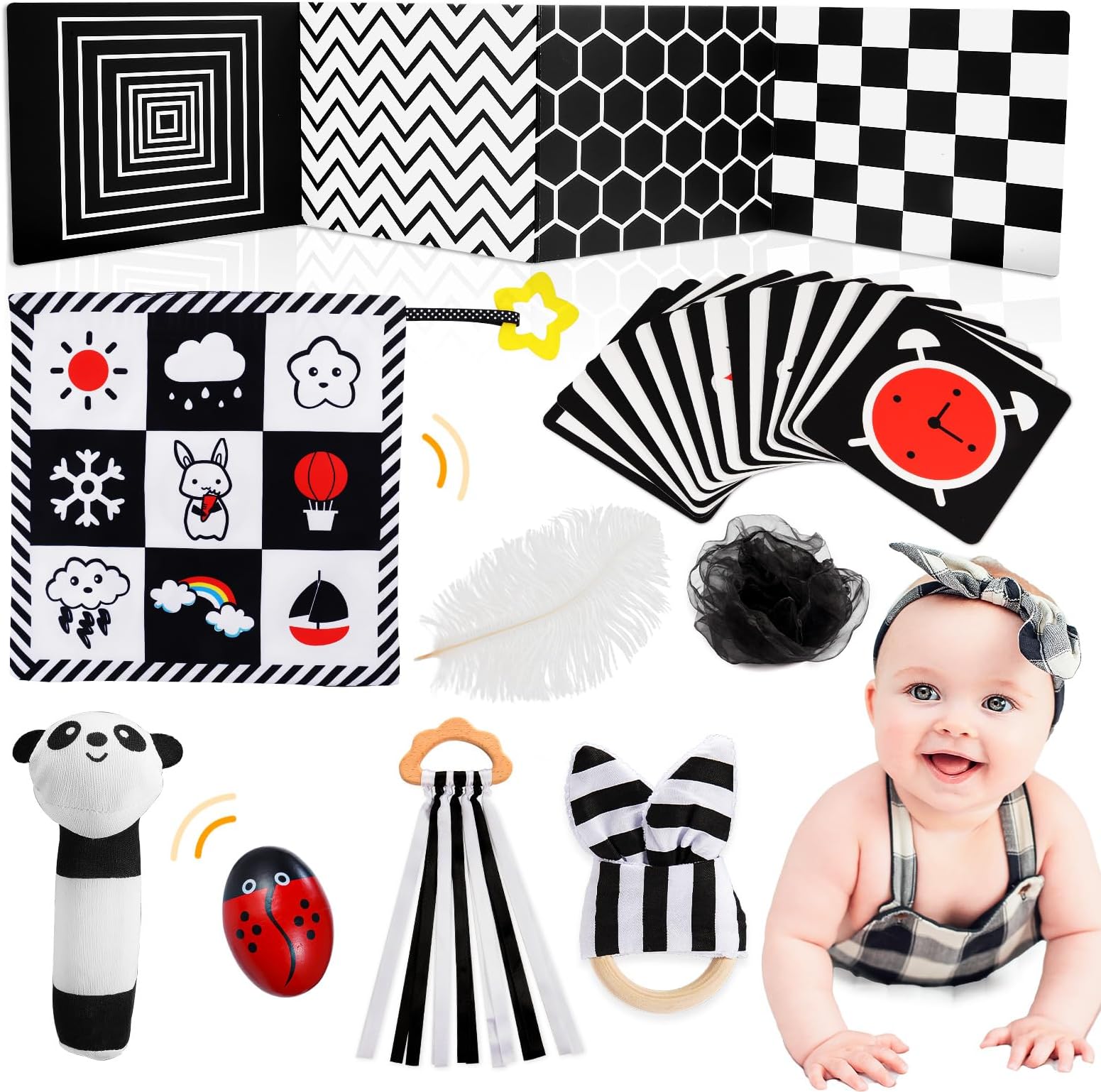 Black And White Sensory Toys, Baby Toys 0-6 Months Essentials for Newborn with Sensory Cards Baby Rattles, Ribbon Ring, Scarf, Maracas, Beeps, Early Christ Mas Presents