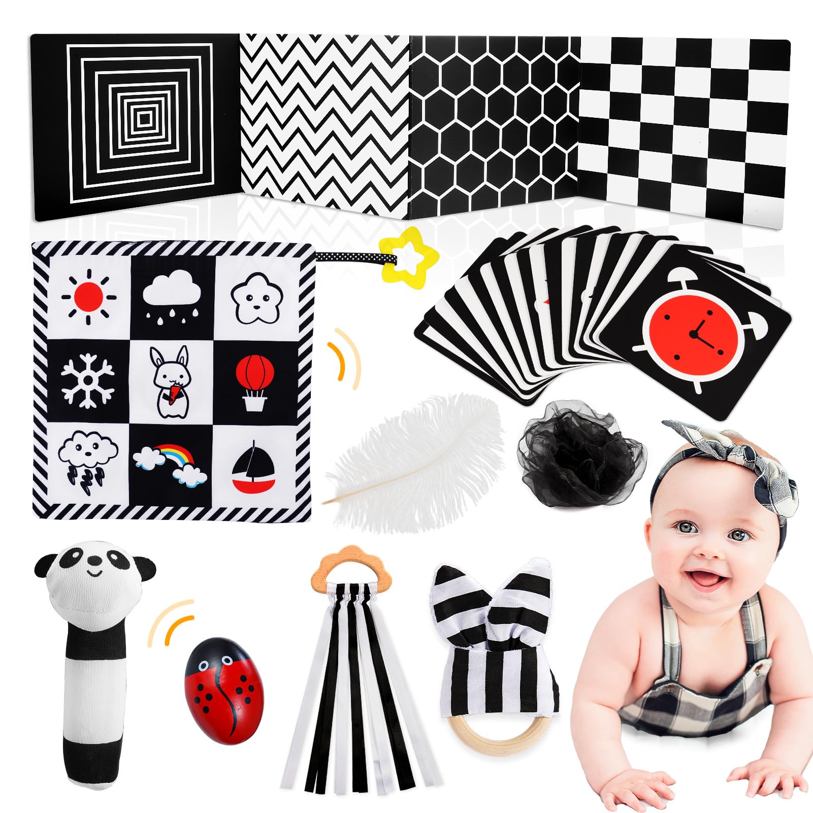 HappyKidsClub Black And White Sensory Toys, Baby Toys 0-6 Months Essentials for Newborn with Sensory Cards Baby Rattles, Ribbon Ring, Scarf, Maracas, Beeps, Early Christ Mas Presents