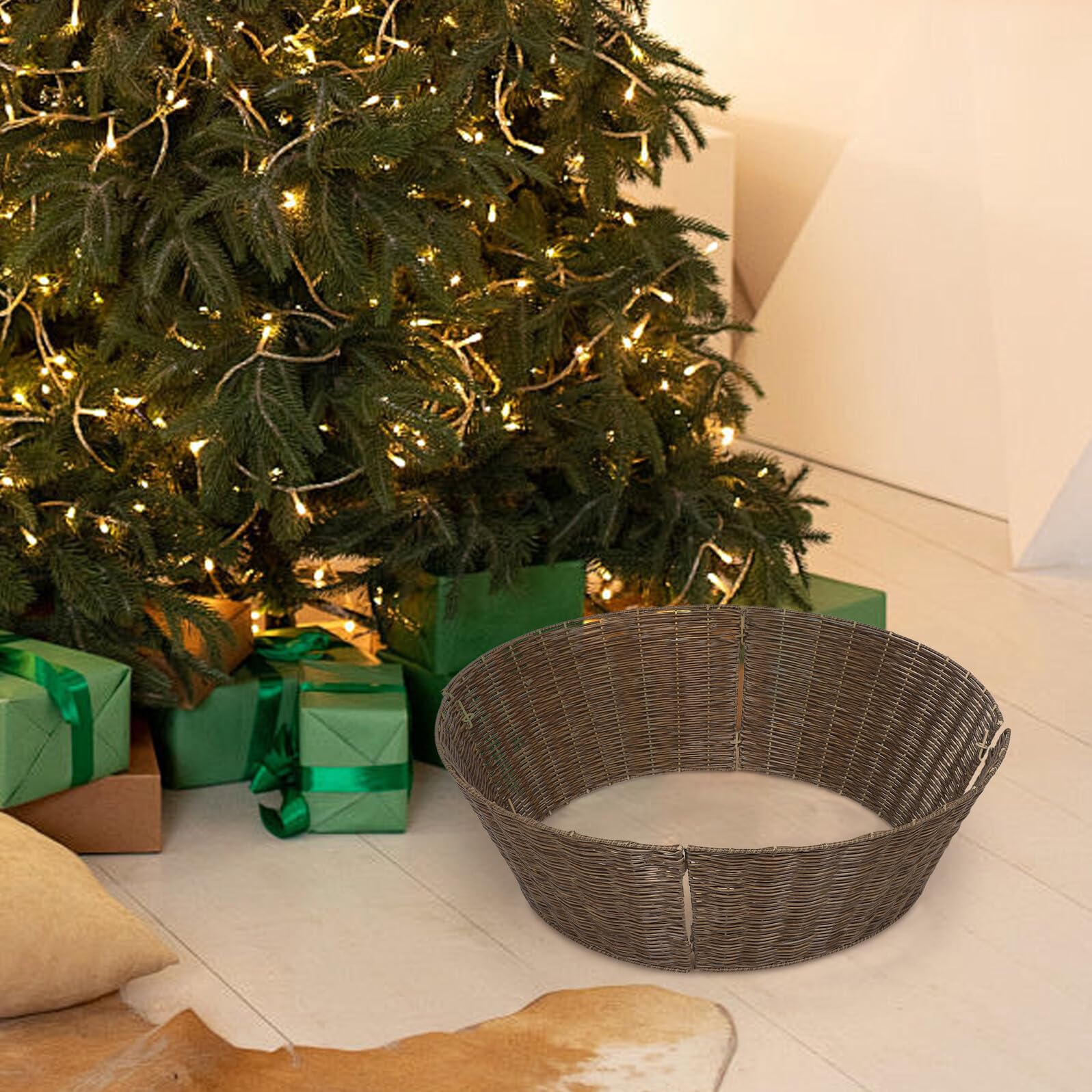 Homoyoyo Gonna Rustica per Albero di Natale Intrecciata a Mano Collare ad Anello in Rattan Naturale da 65 CM Copertura Base Decorativa Eco-Sostenibile per Arredamento Moderno e Country