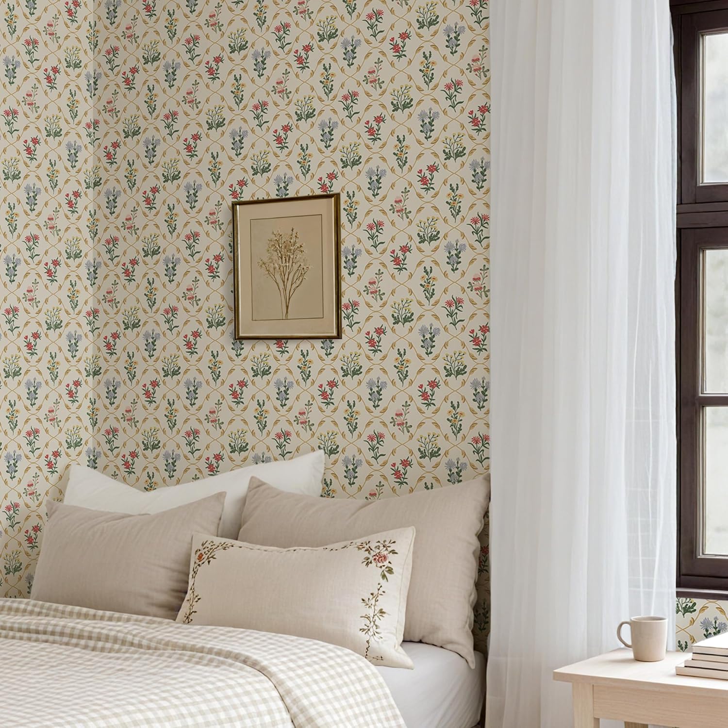 Cabbrix Vintage Wallpaper Peel and Stick Floral Wallpaper 17.5'' x 80'' Boho Neutral Contact Paper Vinyl Waterproof Self Adhesive Wall Paper for Bedroom Shlef Cabinet Décor
