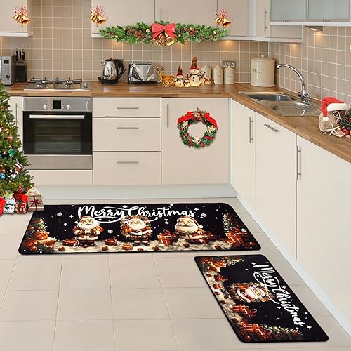 Miniatura 7 de Voanos Juego de 2 alfombras de cocina con texto en inglés Merry Christmas, bonito Papá Noel y regalo de Navidad, tapete antideslizante lavable para