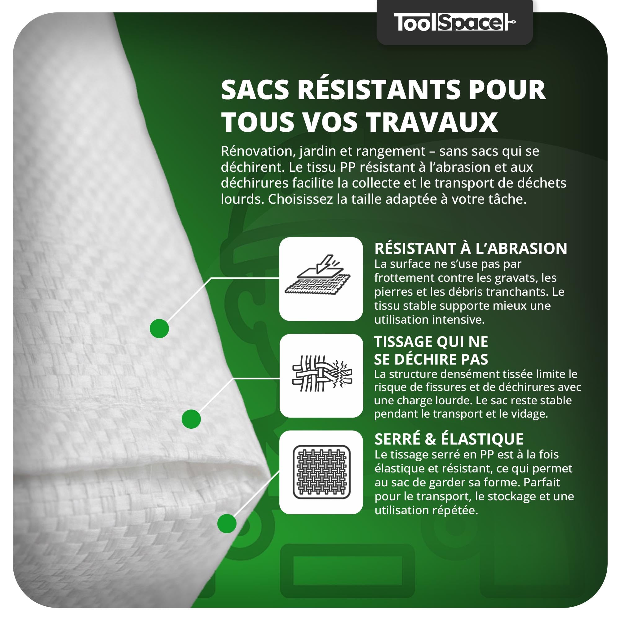 ToolSpace Sac à Gravats PP Tissé 65×105 cm Polypropylène 50 kg Réutilisable