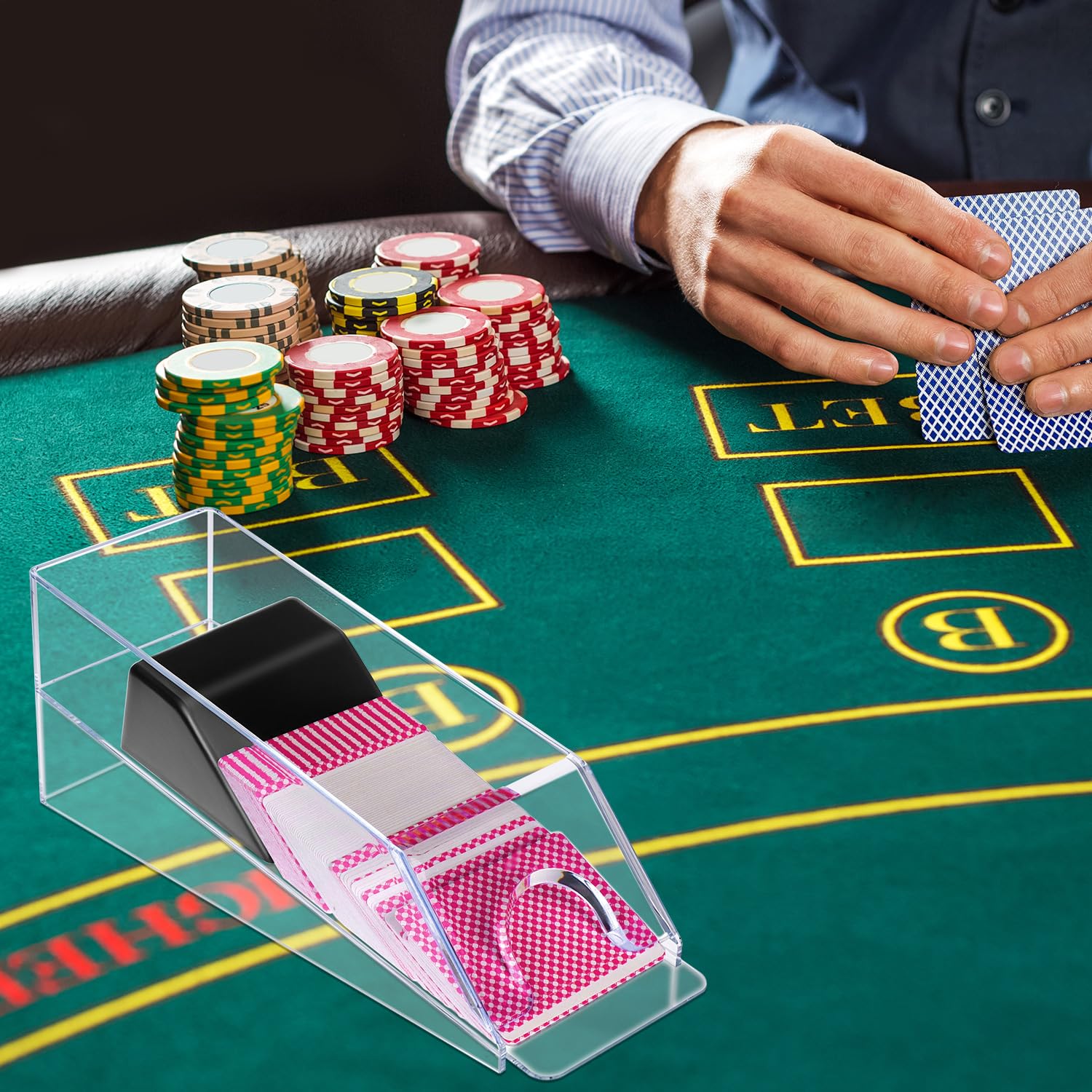 QWORK® Blackjack Shoe, Card Dispenser for 6 Decks, Poker or Blackjack Accessory, Transparent, Transparent/Green - Image 4