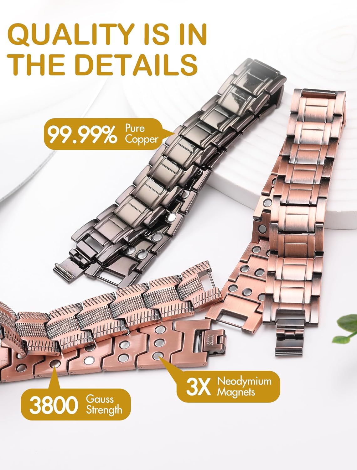 Feraco Men's Copper Bracelet,3X Strength 99.99% Pure Copper Magnetic Bracelets with Magnets,Adjustable Length with Sizing Tool - Image 3