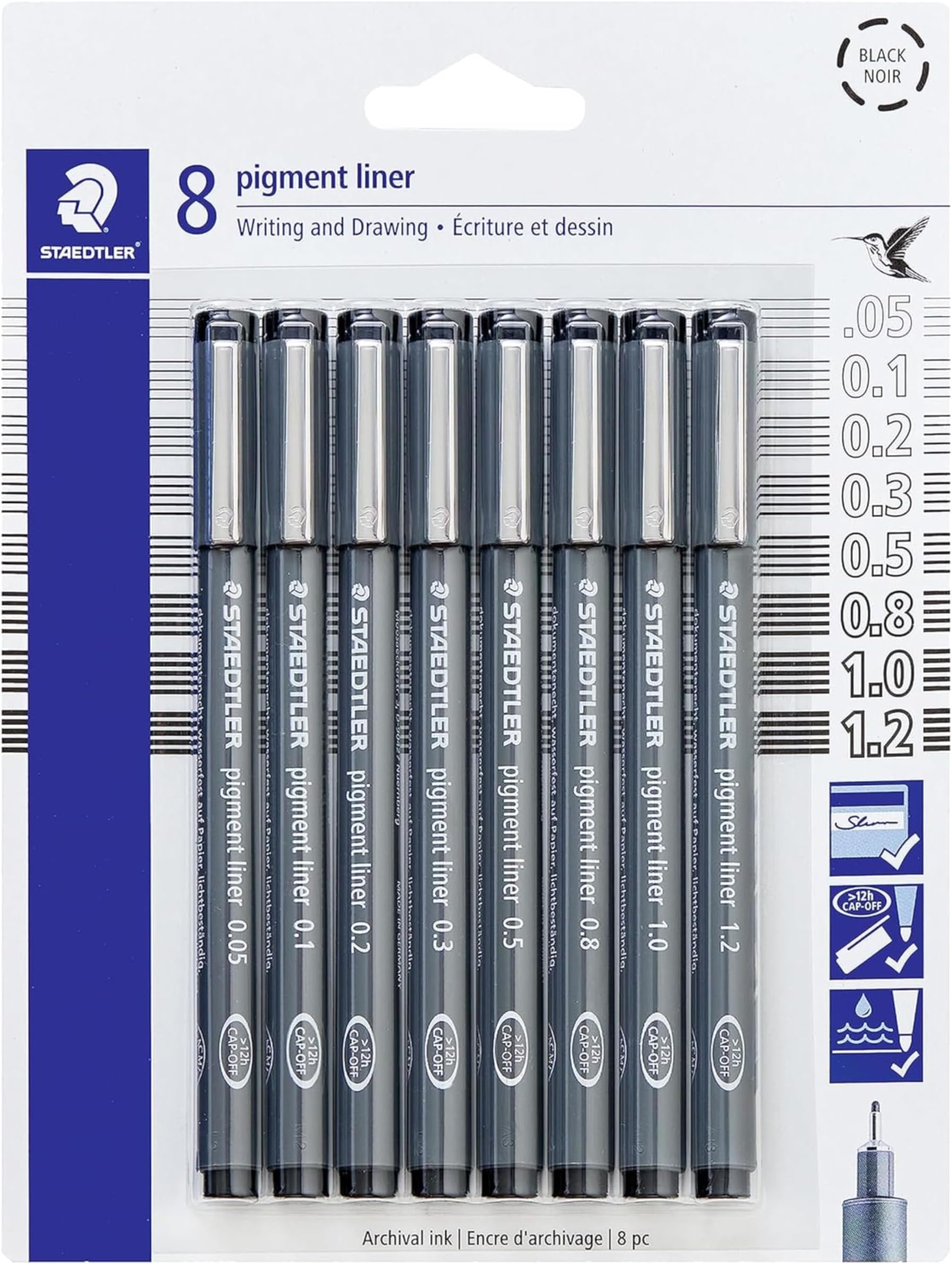 STAEDTLER Pigment Liner Pack, Black, 8 Pens, Assorted Line Widths, 0.0002, 0.0007, 0.001, 0.01, 0.02, 0.012, 0.03, 0.030, 0.030, 0.030, 0.031, 0.045, 0.045, 0.039, 0.0
