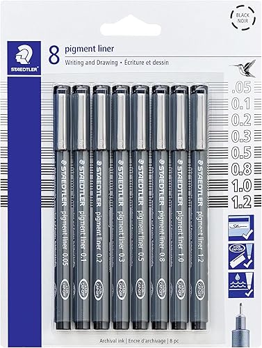 STAEDTLER Paquete de delineador de pigmentos, negro, 8 bolígrafos, anchos de línea surtidos, 0.002 in, 0.004 in, 0.008 in, 0.012 in, 0.020 in, 0.031