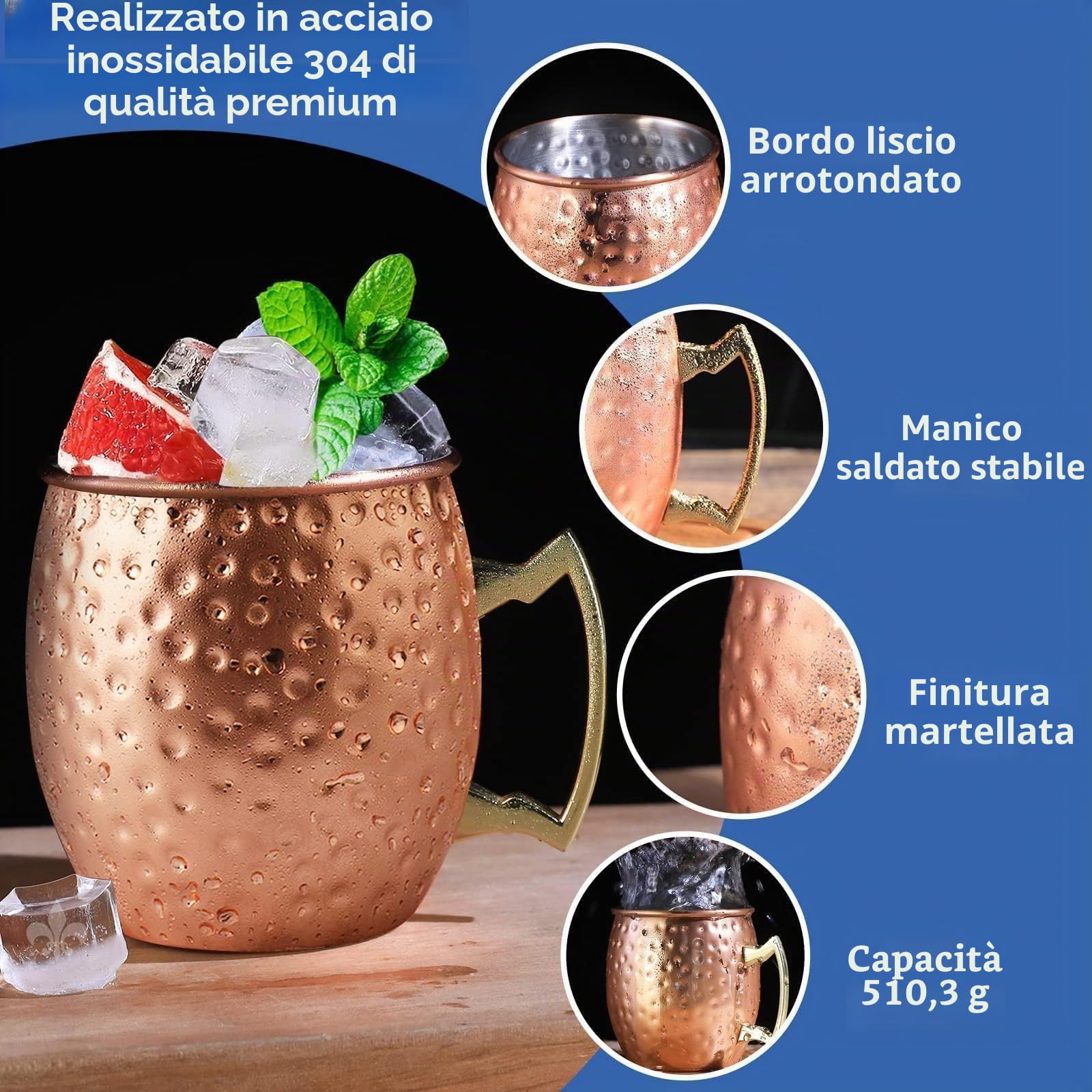 Moscow Mule - Set di 6 tazze in acciaio inox placcato rame, 510 ml, per bevande refrigerate (confezione da 6)