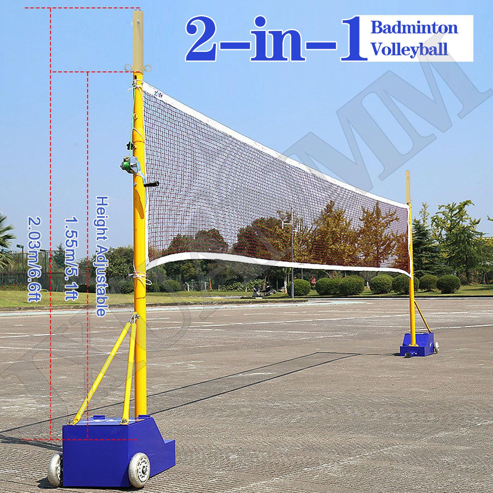 Poteaux de volley-ball pour jardin, avec filet de volley-ball/de badminton, poteaux de volley-ball robustes pour intérieur et extérieur, hauteurs réglables avec roues et 2 filets