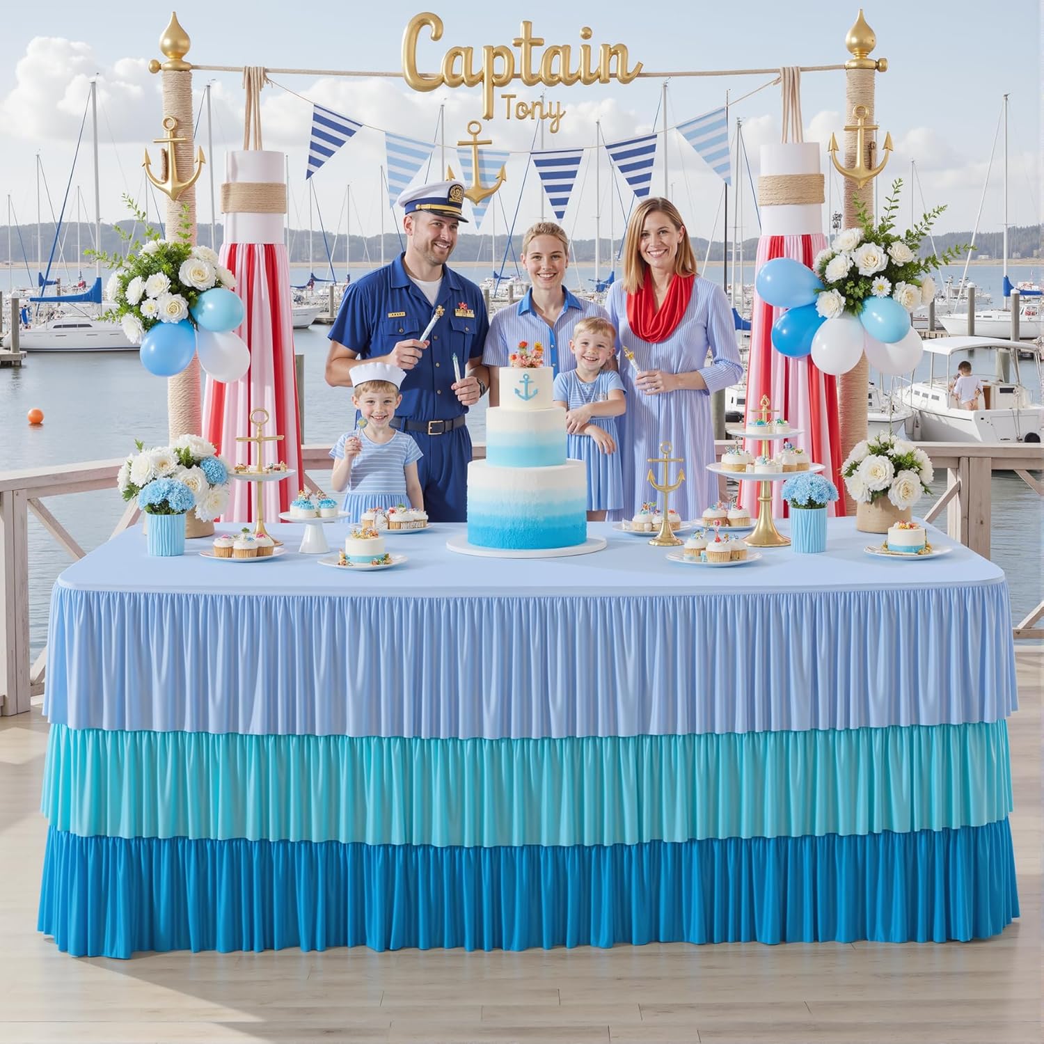 gogoparti Blue Tablecloth Tutu Table Skirt with Ruffle for 6 Foot Rectangle Table, Stretch Elastic Blue Table Cloth Cover for Baby Shower Birthday Princess Party, Teacher Desk Classroom Banquet Decor