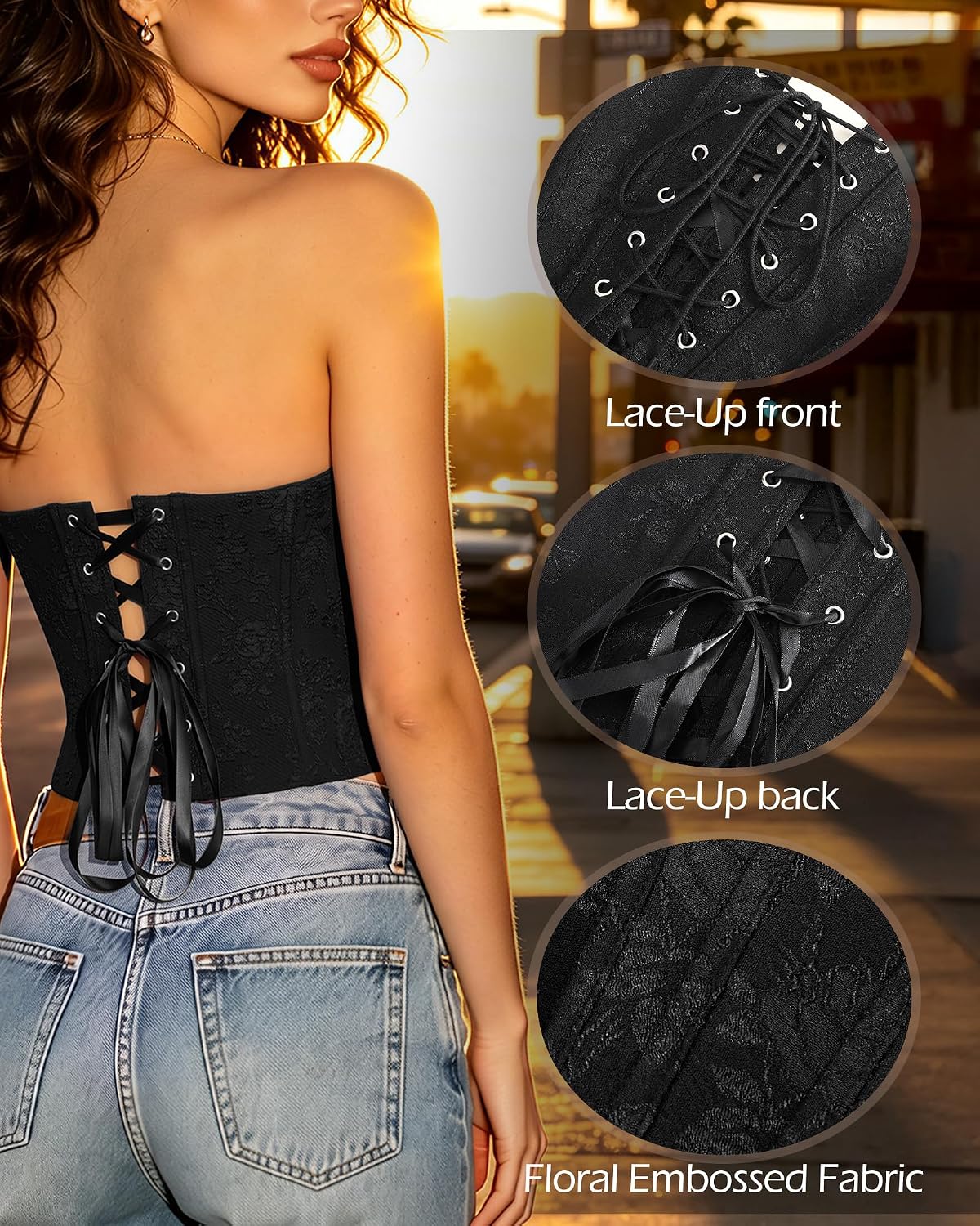 VONMELLI Corset Tops for Women Lace Up Overbust Bustier Backless