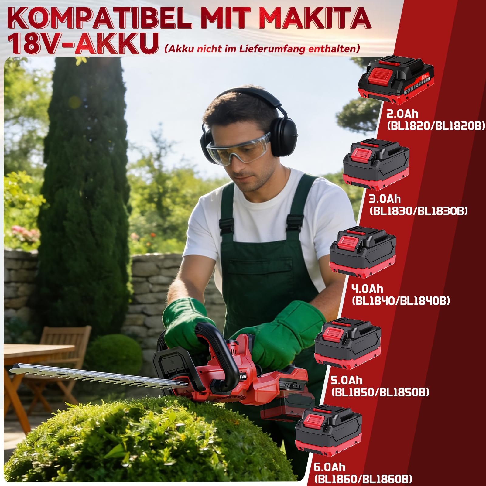 Akku-Heckenschere, für Makita 18V Akkus, Lange Heckenschere (ohne Akku) | Bürstenloser Motor, 52 cm Schnittlänge, 14 mm Zahnabstand, 270° drehbarer Kopf, Inklusive Reinigungspinsel