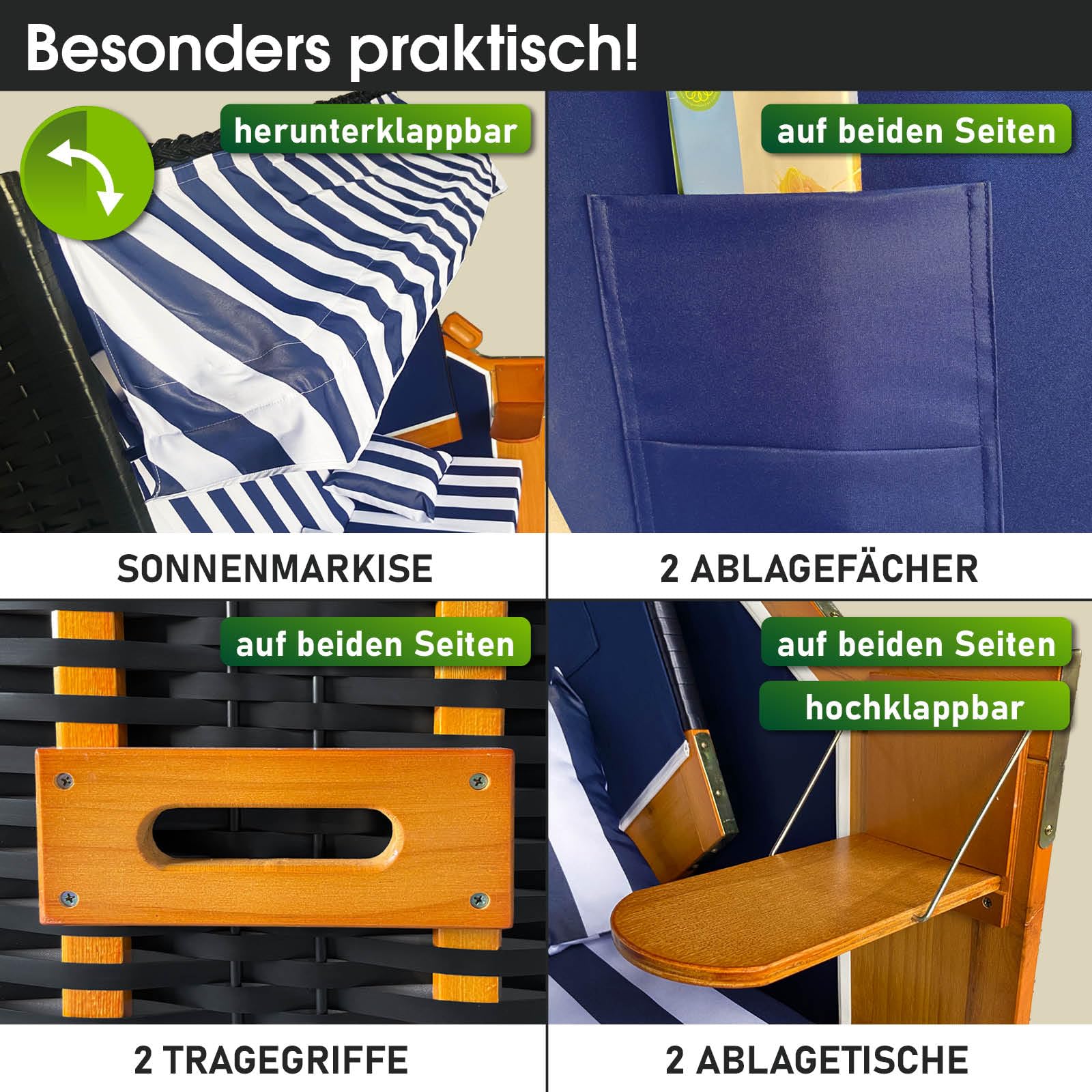BRAST® Strandkorb Ostsee 3-Sitzer XL für 2-3 Personen | 155cm breit | 2 Designs | Tragkraft bis zu 500kg | verstellbare Rückenlehne | Blau/Weiß gestreift