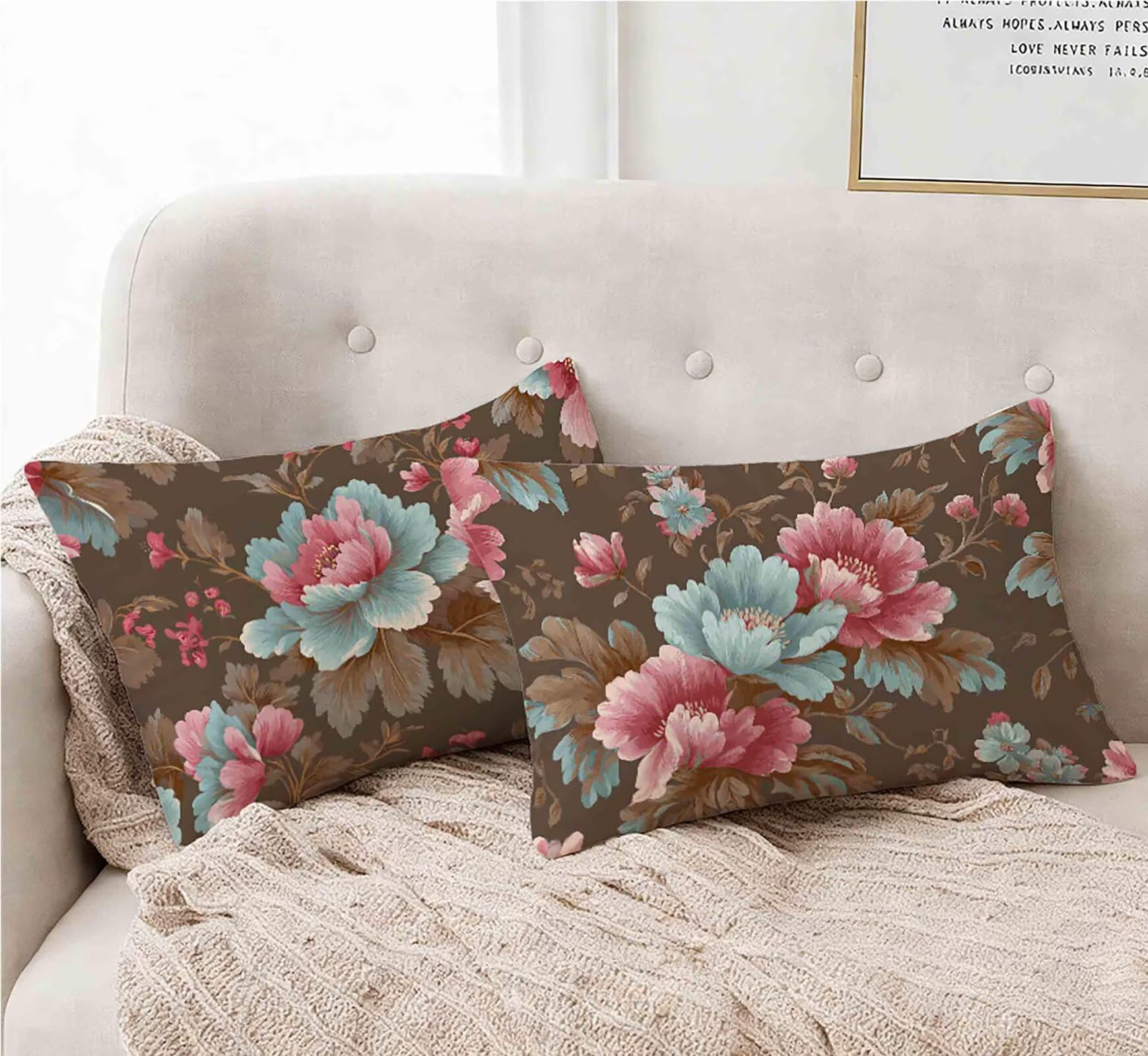 Kissenbezug 50x70cm 2er Set, Kissenbezug Blume Kopfkissen Rosa Muster Design Kopfkissenbezug Wasserdicht Leinen Pillow Case Herbstdeko mit Verstecktem Reißverschluss für Deko Wohnzimmer -lsy25012T5