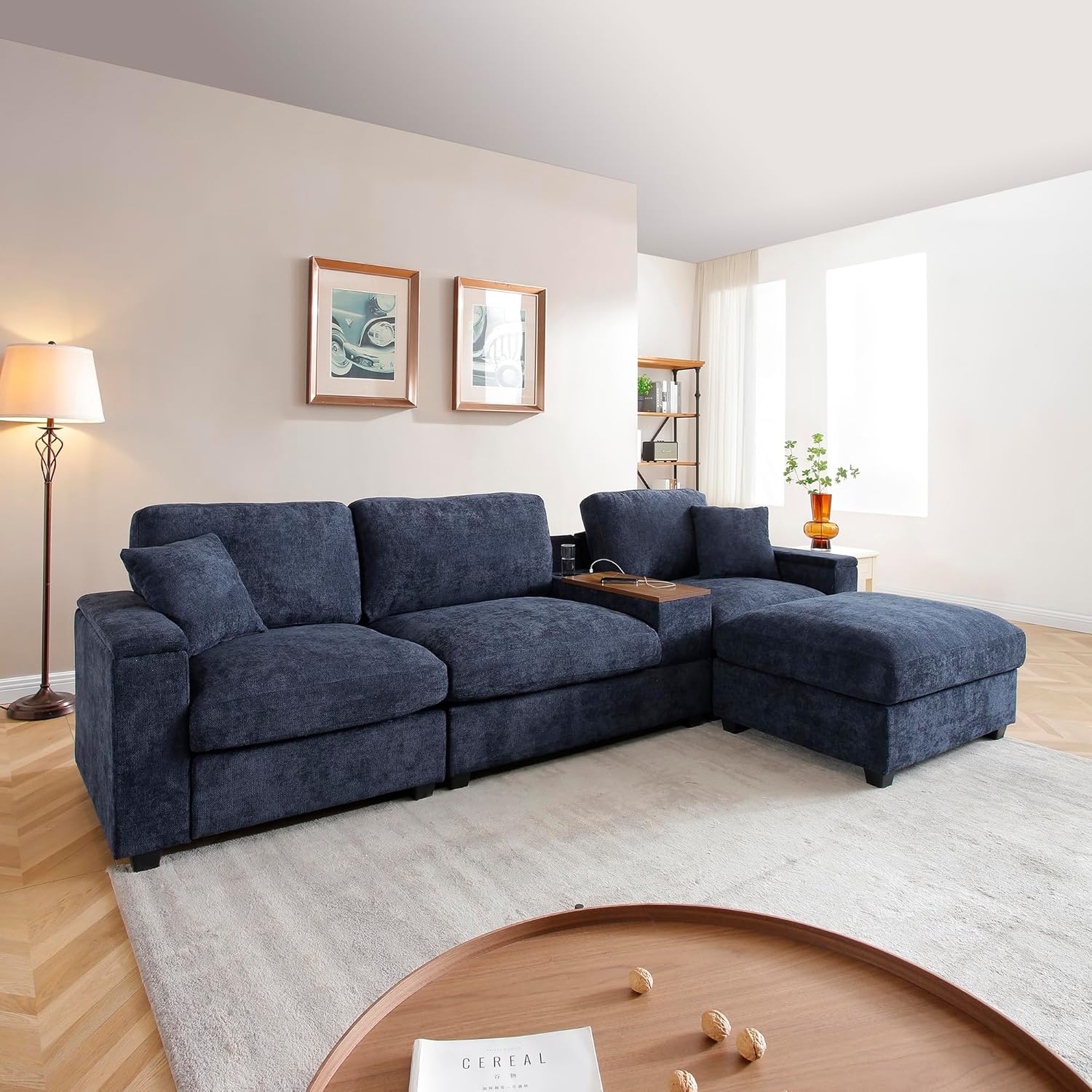 120.3" Modular Sectional Sofa, Oversized Comfy Cloud Couch, 4 Seater L Shaped Couch with Storage Armrest, Ottoman, USB Ports, Cup Holder, Table, Modern Linen Couches for Living Room, Dark Blue
