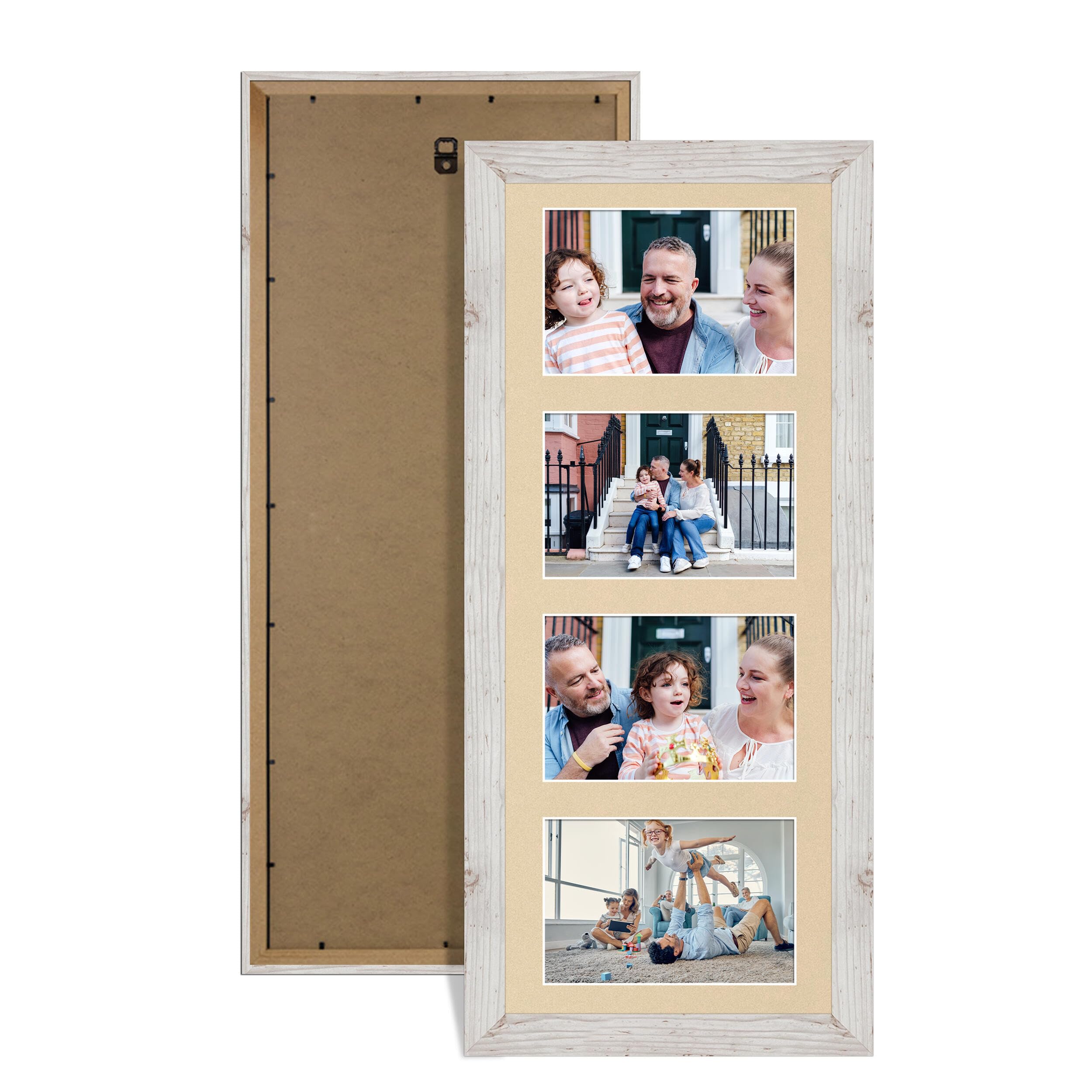 Alison Kingsgate White Rustic 50x20cm Photo frames for multiple pictures -4 Apertures Collage Frame with Ivory Mount - Holds (4x) 6x4 Photos - Engineered Wood & Perspex