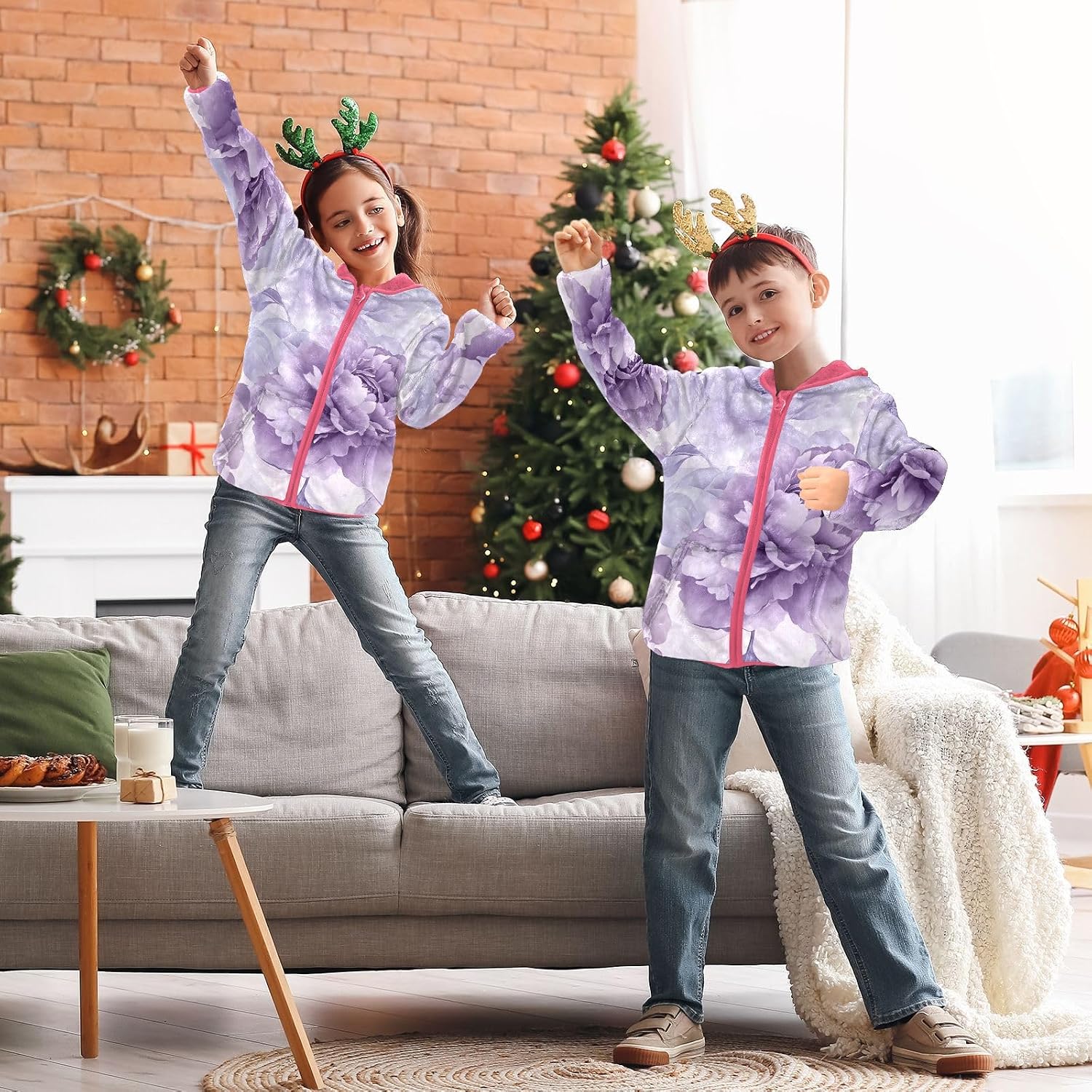ALAZA Purple Peonies Floral Hoodie Jacket for Girls Toddler Fleece Zip Up Coat Plush Jacket for 3 Years