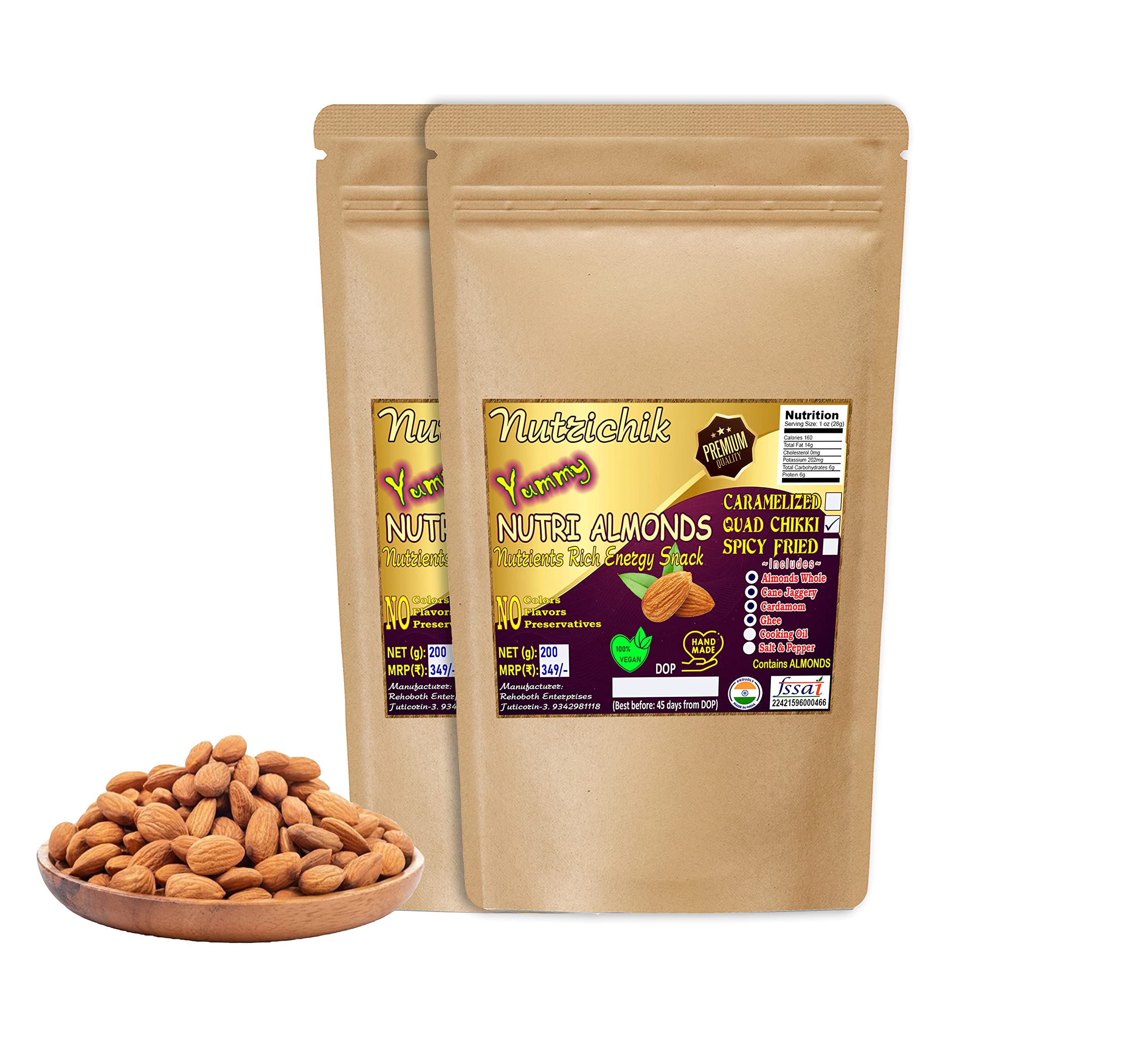 Nutrichik - Nutri Almonds Quad Chikki - Almond Chikki - Nutrients Rich Energy Snack - 200gm (2 Pack)