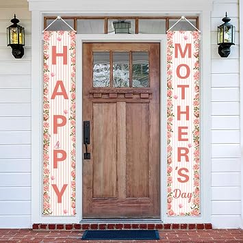 Happy Mothers Day Decorations Porch Banner, Pink Rose Flower Mothers Day Love Heart Hanging Door Porch Sign Party Supplies Decor for Indoor Outdoor