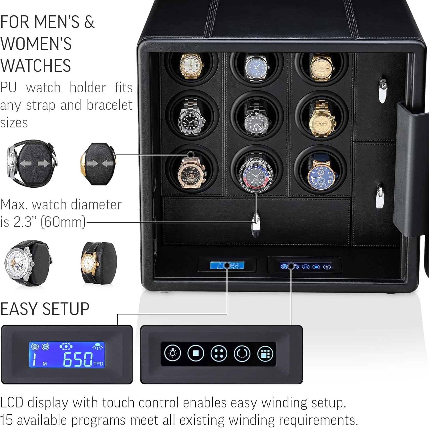 9 Watch Winder with Storage Drawer, Fingerprint Lock, Interior Light and Alarm System (Black)