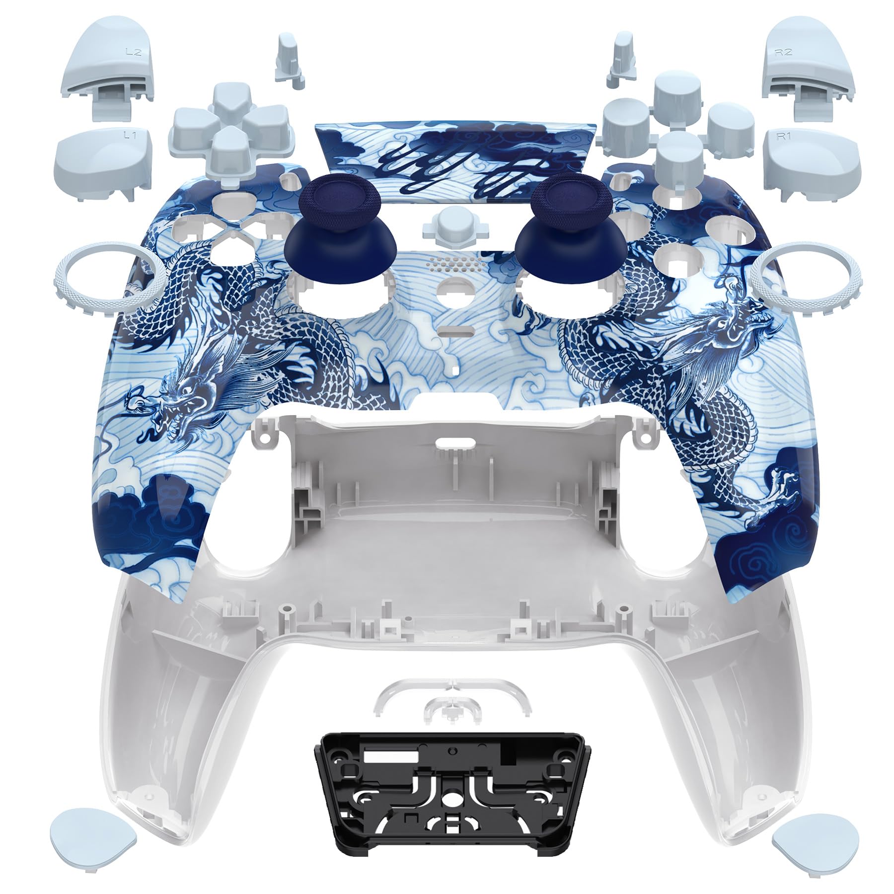 eXtremeRate LUNA Cover Tasti Ricambio per ps5 Joystick BDM-030/040/050,Shell Complete Ridisegnate per ps5 Controller,Pulsanti Set Levette Analogiche&Cacciavite-Porcellana Loong