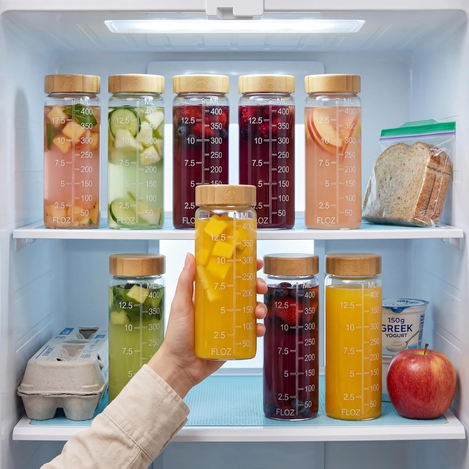 16oz Round Glass Juice Bottles with Lids, 12 Pack Reusable Juice Containers with Bamboo Lids, Glass Juicing jars with 4 Straws & 2 Airtight Lid with Hole for Drinking - Image 7