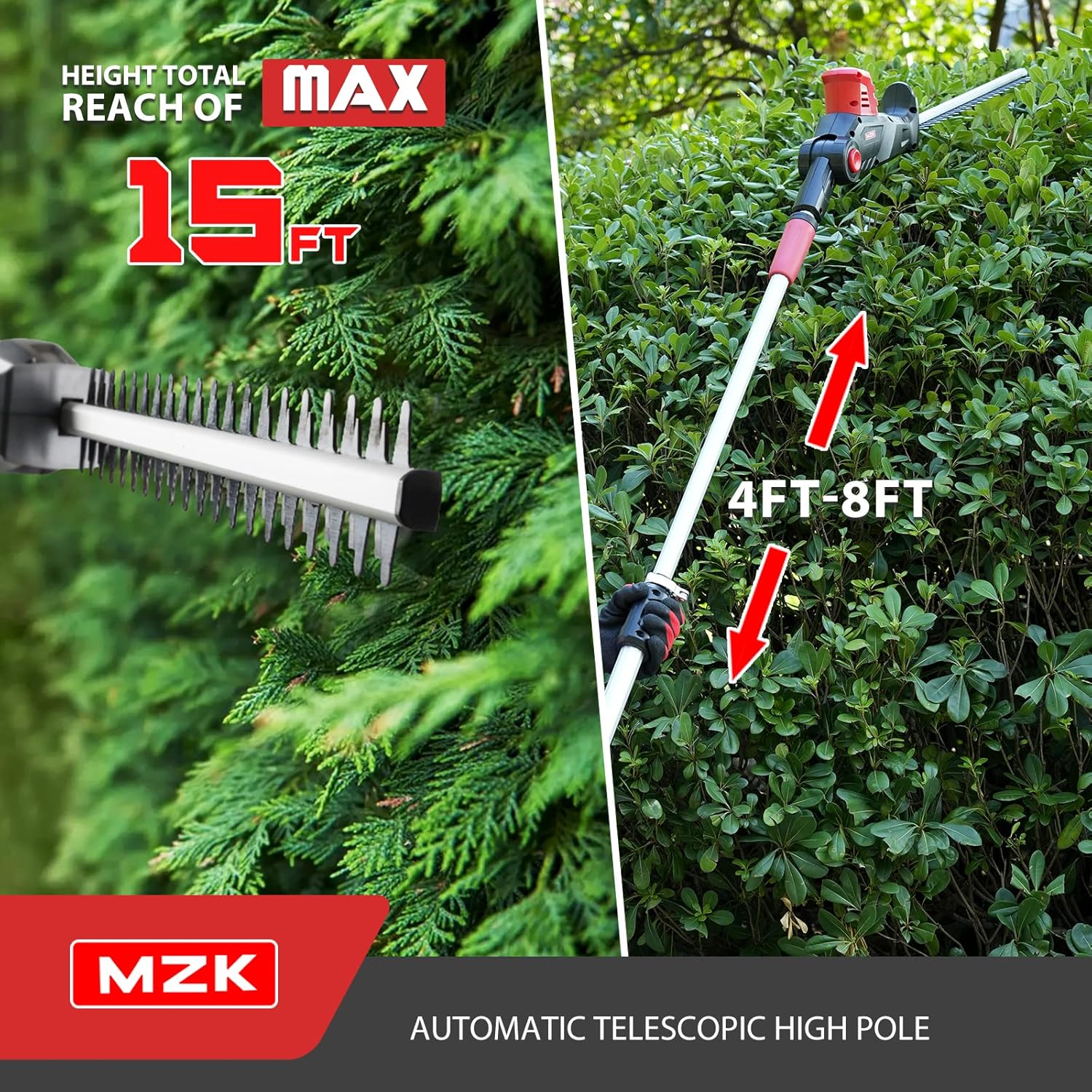 review MZK 20V MAX 22.4-inch Cordless Pole Hedge Trimmer Attachment, 15-Foot Reach, Electric Hedge Trimmer with Extension Pole, Multi-Angle (Battery and Fast Charger Included)