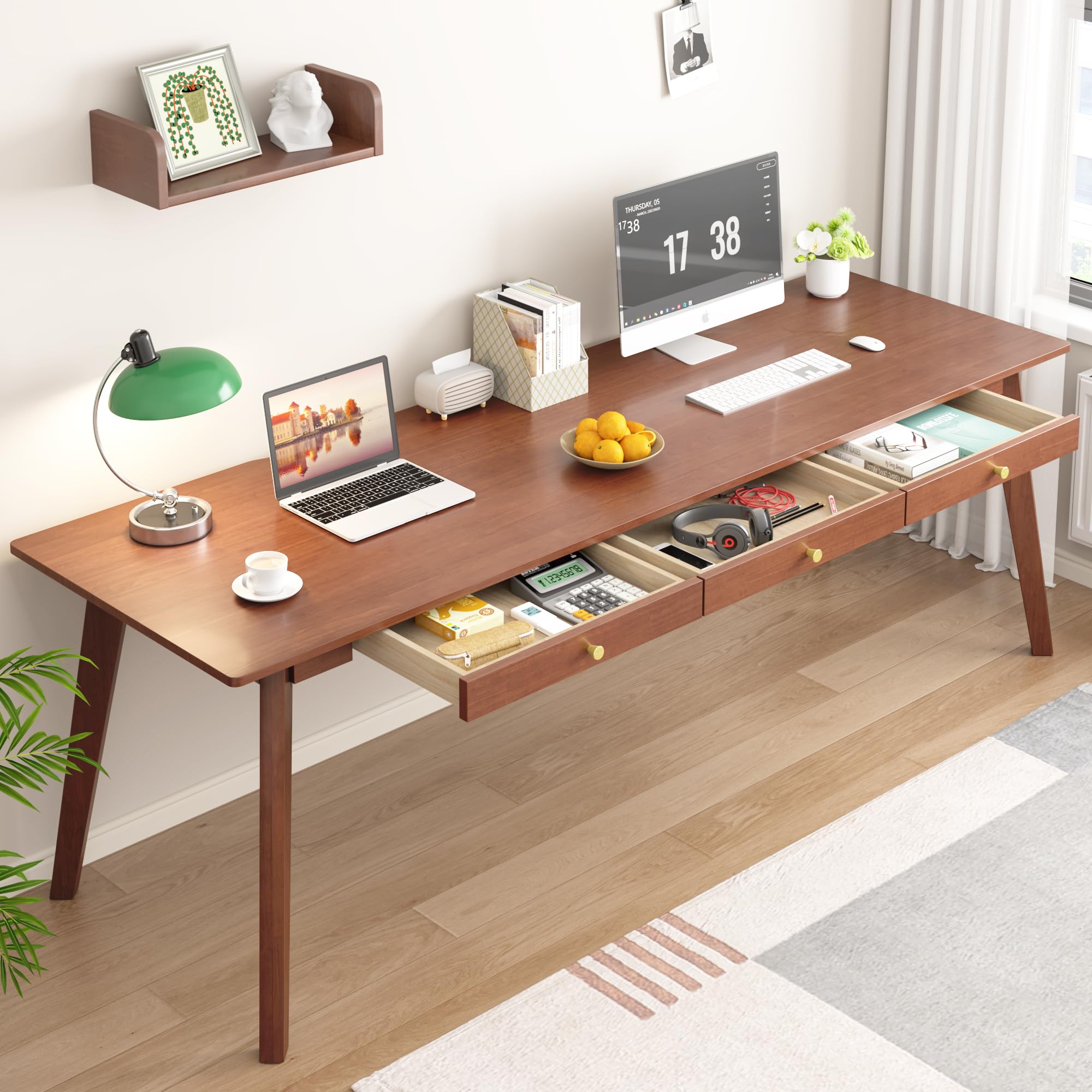 ENPKLUTE Long Solid Wood Desk with Drawers - 70.9” Mid Century Modern Executive Desk for Two People, Home Office Computer Desks, Vintage Writing Study