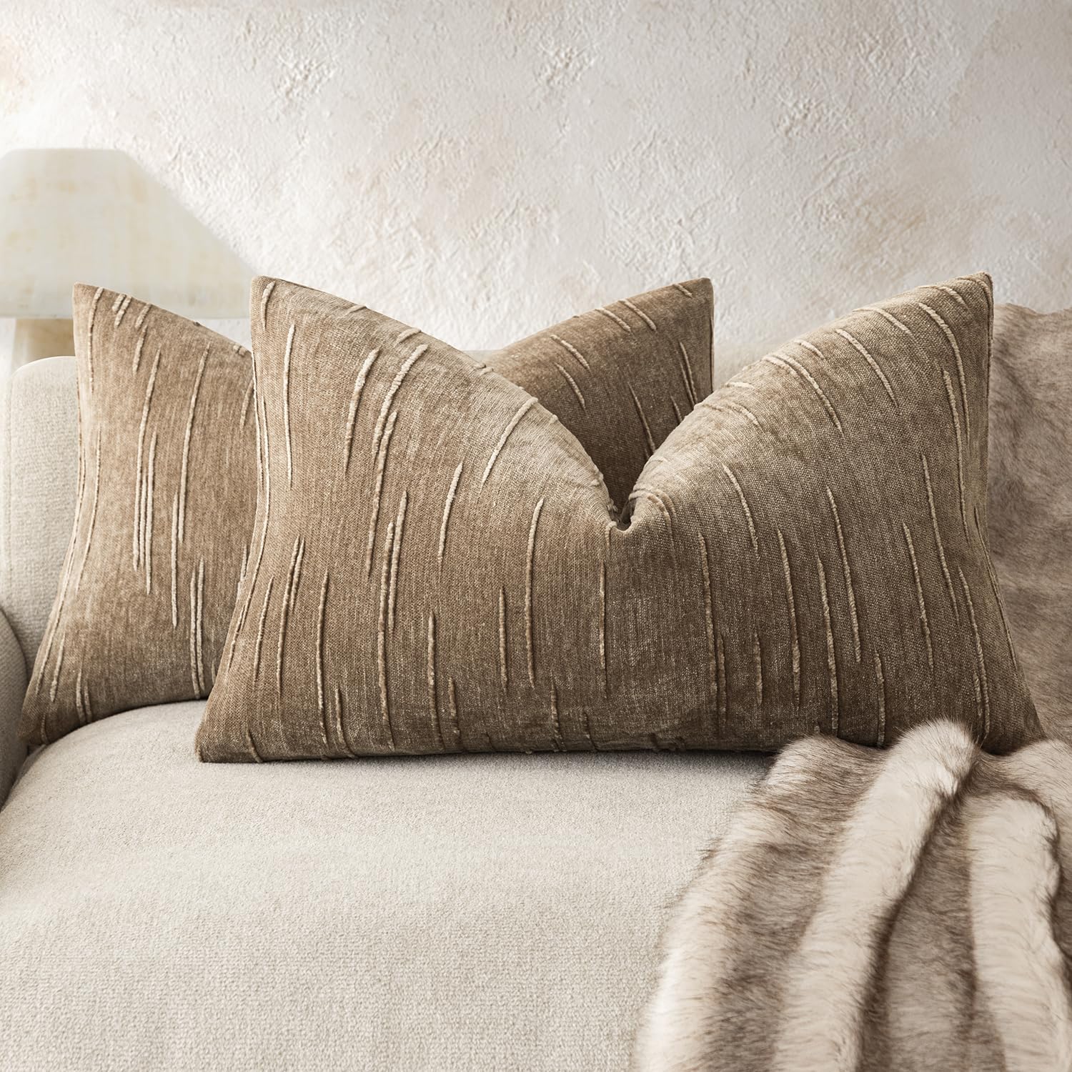 Foindtower Slubby Textured Chenille Lumbar Throw Pillow Covers 12x20 Brown