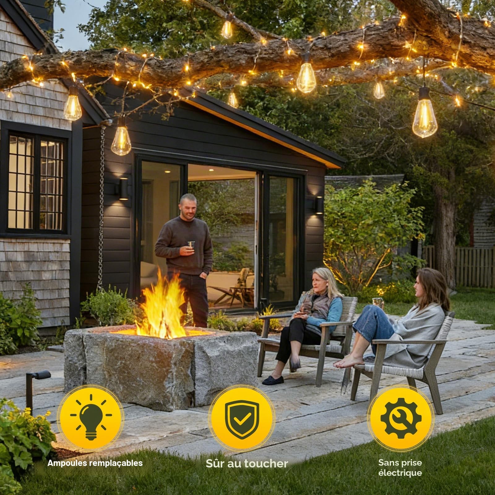 Guirlande Lumineuse Extérieure ST38 LED 45m 150ft, 75 LED + 2 Ampoules de Rechange, IP44 Étanche Dimmable, Blanc Chaud 2200K, Grande Décoration Jardin Parc Événements Professionnels
