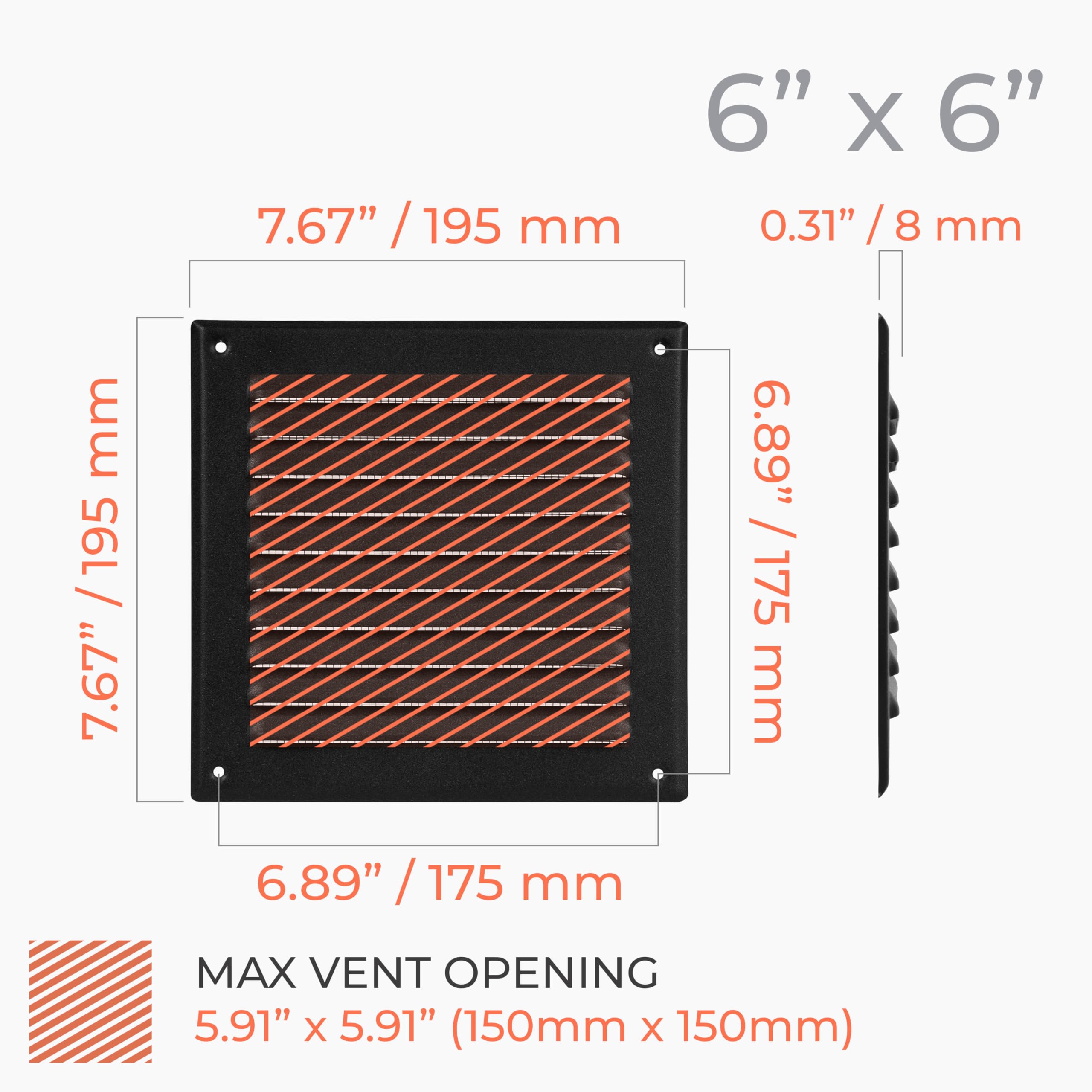 Grille d'aération carrée en acier inoxydable noir de 15,2 x 15,2 cm – Grille de retour d'air à persiennes CVC – Écran de protection intégré – Échange d'air frais dans votre maison