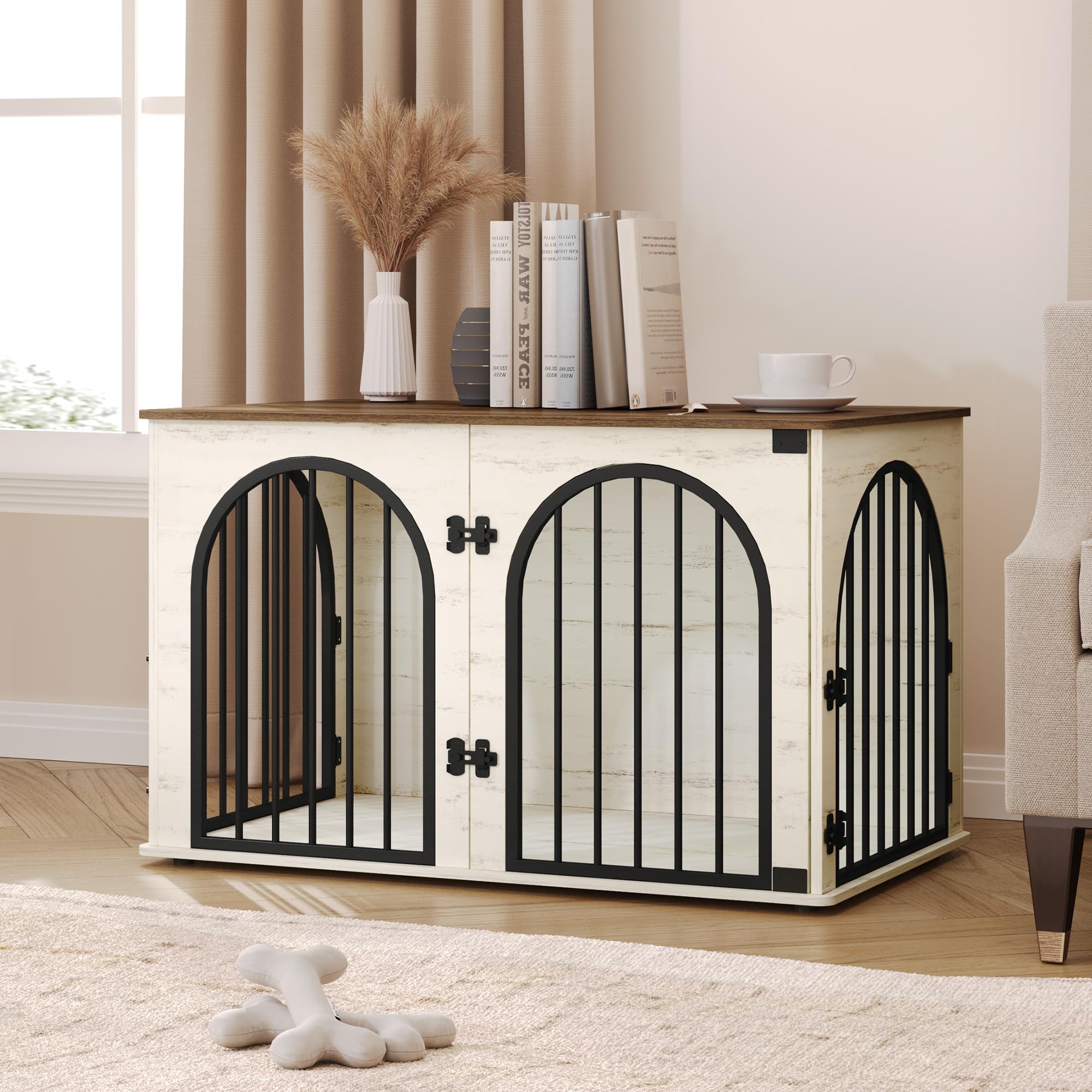 Hzuaneri Hundekäfig Möbel, 100cm Hundebox für Zuhause, 3 Türen, Bogentür, Moderne Hundebox Indoor für Hunde, Beistelltisch, Hundekäfig Hochbelastbar, 100 x 60 x 63 cm, Weiß Braun DFC84114B