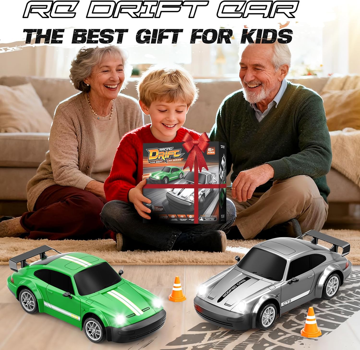 RC Drift Car 1:24 Scale, 4WD Remote Control Car with LED Lights 20KM/H High Speed, Dual-Mode Racing & Drifting Toy Car with 2 Batteries, Gift for Kids & Adults, Silver