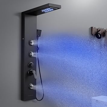 ROVATE 6 in 1 Shower Panel Tower System with LED Lights, Matte Black