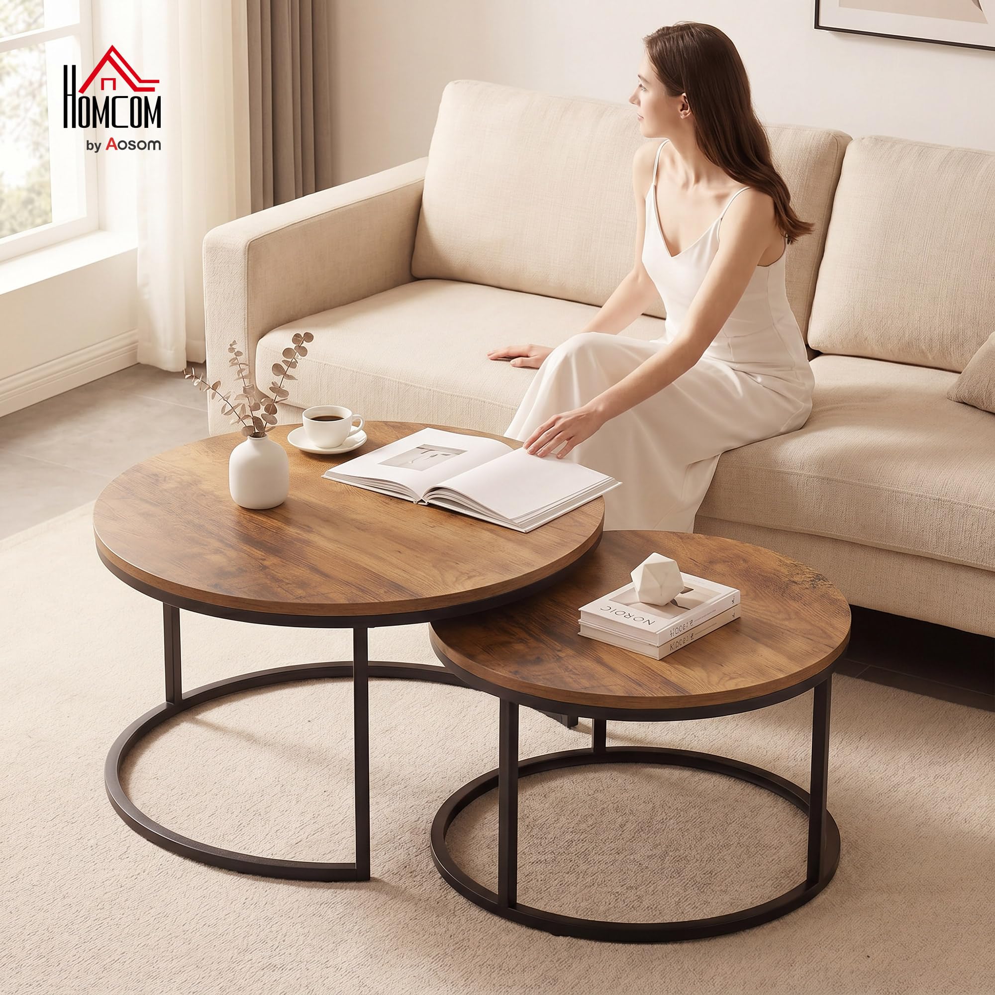 HOMCOM Set de 2 Mesas de Centro Redondas Nido, 60x60x 45 cm, Marrón | Industriales, Estructura Metálica, Salón, Dormitorio u Oficina