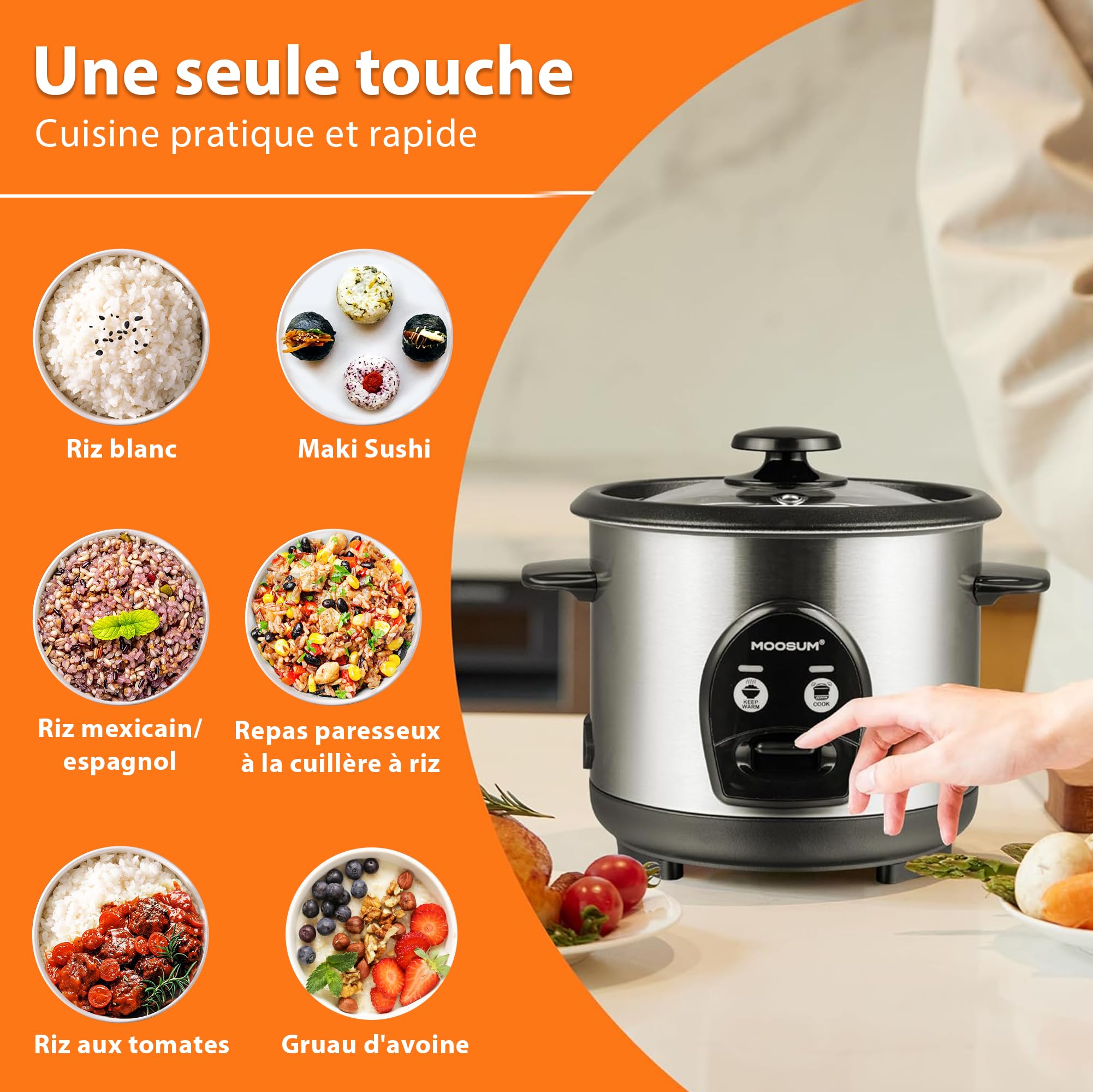Cuiseur à Riz MOOSUM 0,6L (3 Tasses) - Commande Un Bouton, Maintien Au Chaud - Revêtement Céramique Antiadhésif - Pour 1 à 3 Personnes