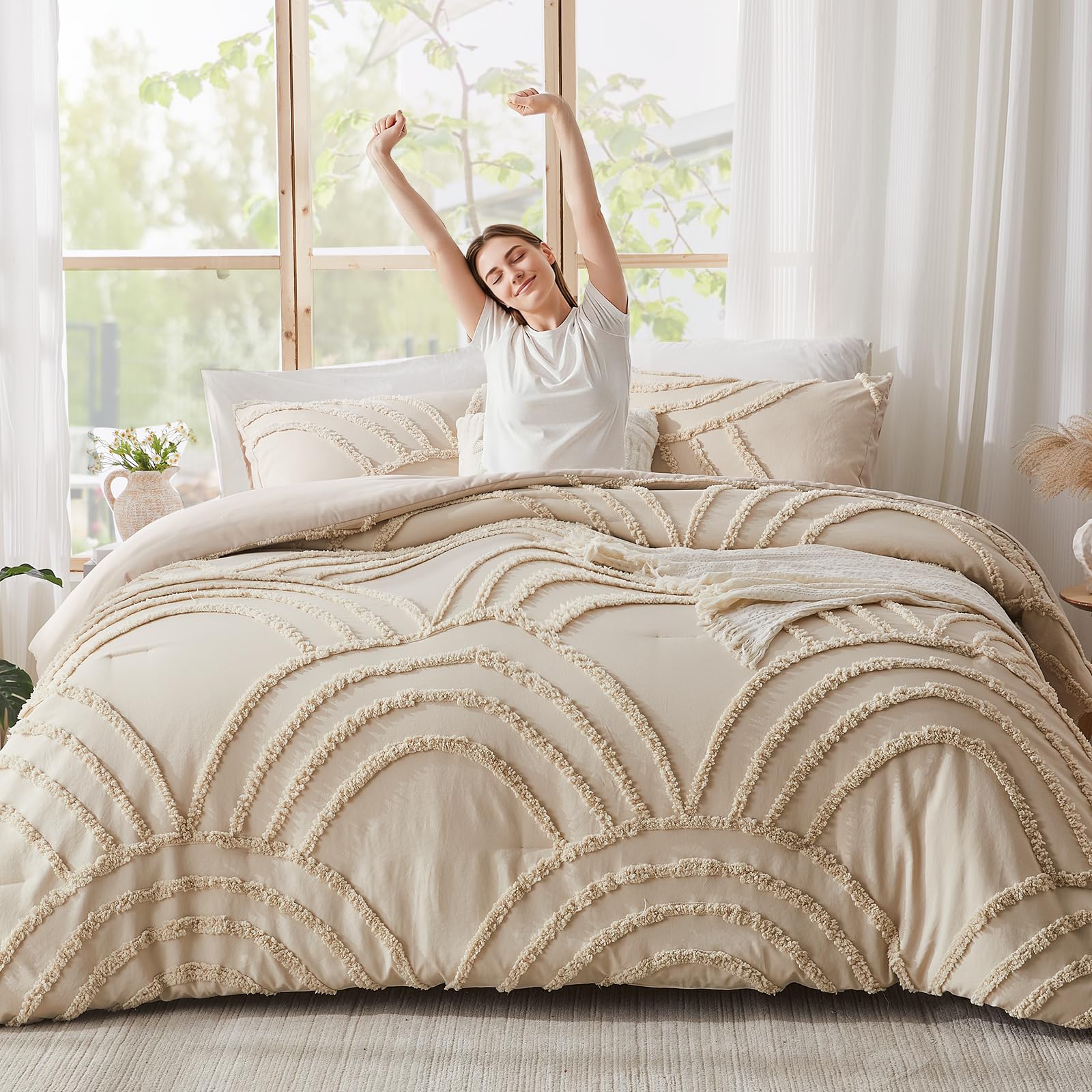 Boho Queen Comforter Set Beige Tufted Rainbow Bedding for Queen Size Bed, Boho Chic Decor, 3 Pieces Lightweight Fluffy Soft Microfiber Cream Comforter with 2 Pillow Cases for All Season