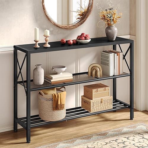 Hoctieon Industrial Console Table, 3 Tier Entryway Table, Hallway Table, Narrow Sofa Table with Shelves, Entrance Table for Entryway, Living Room, Foyer, Hallway, Office, Black