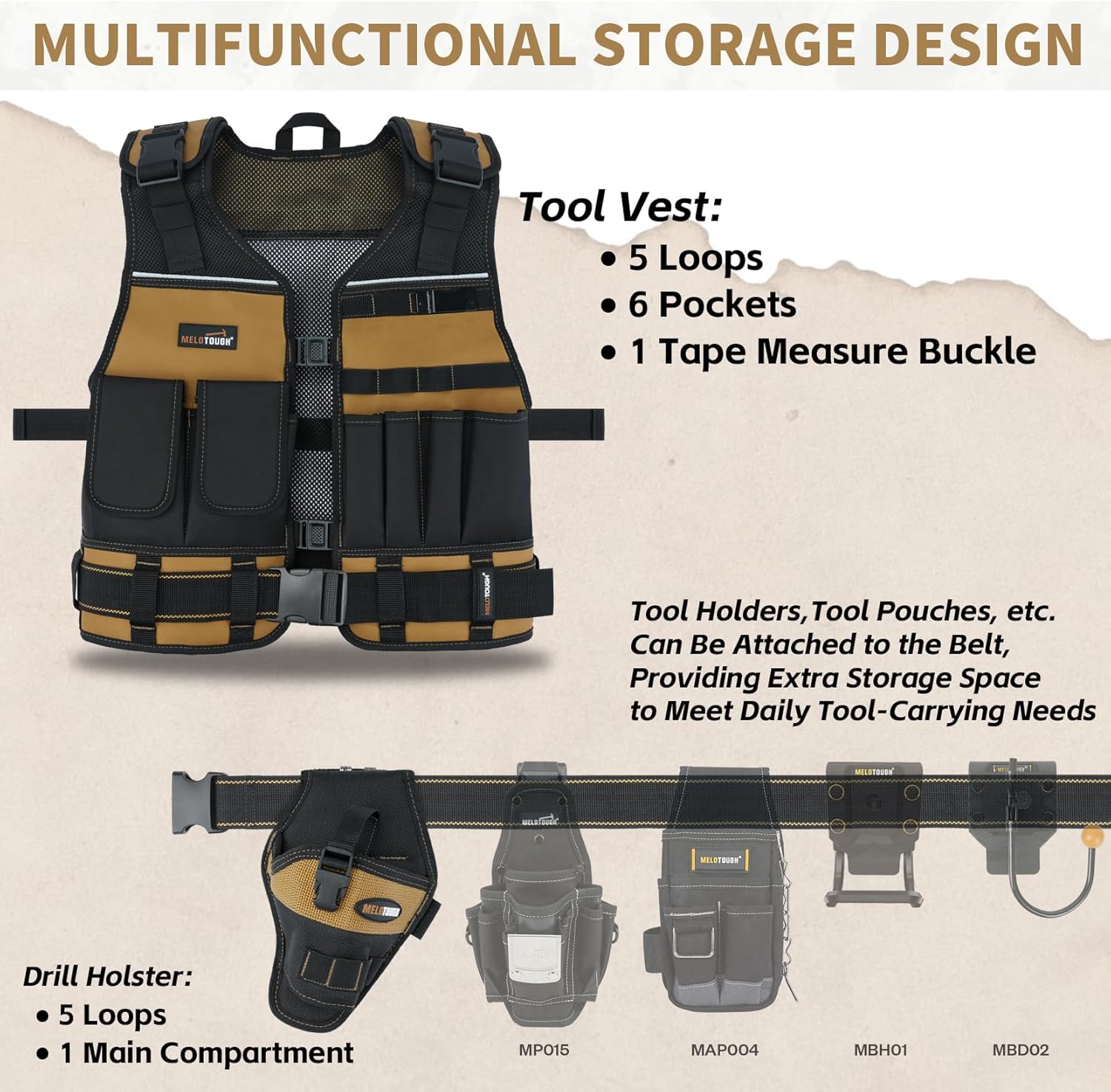 MELOTOUGH Electrician Tool Vest with Drill Holster, Adjustable Utility Tool Vest with 2" Belt for Men Construction, Carpenter
