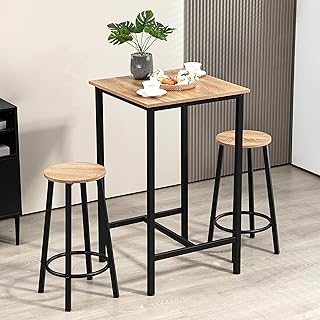 Finnhomy Bar Table Set, 23.6" Pub Table High Top Table, Square Bar Height Table, Bar Table with Stools, Kitchen Table Set for 2, Industrial Breakfast for Kitchen, Living Room, Greige